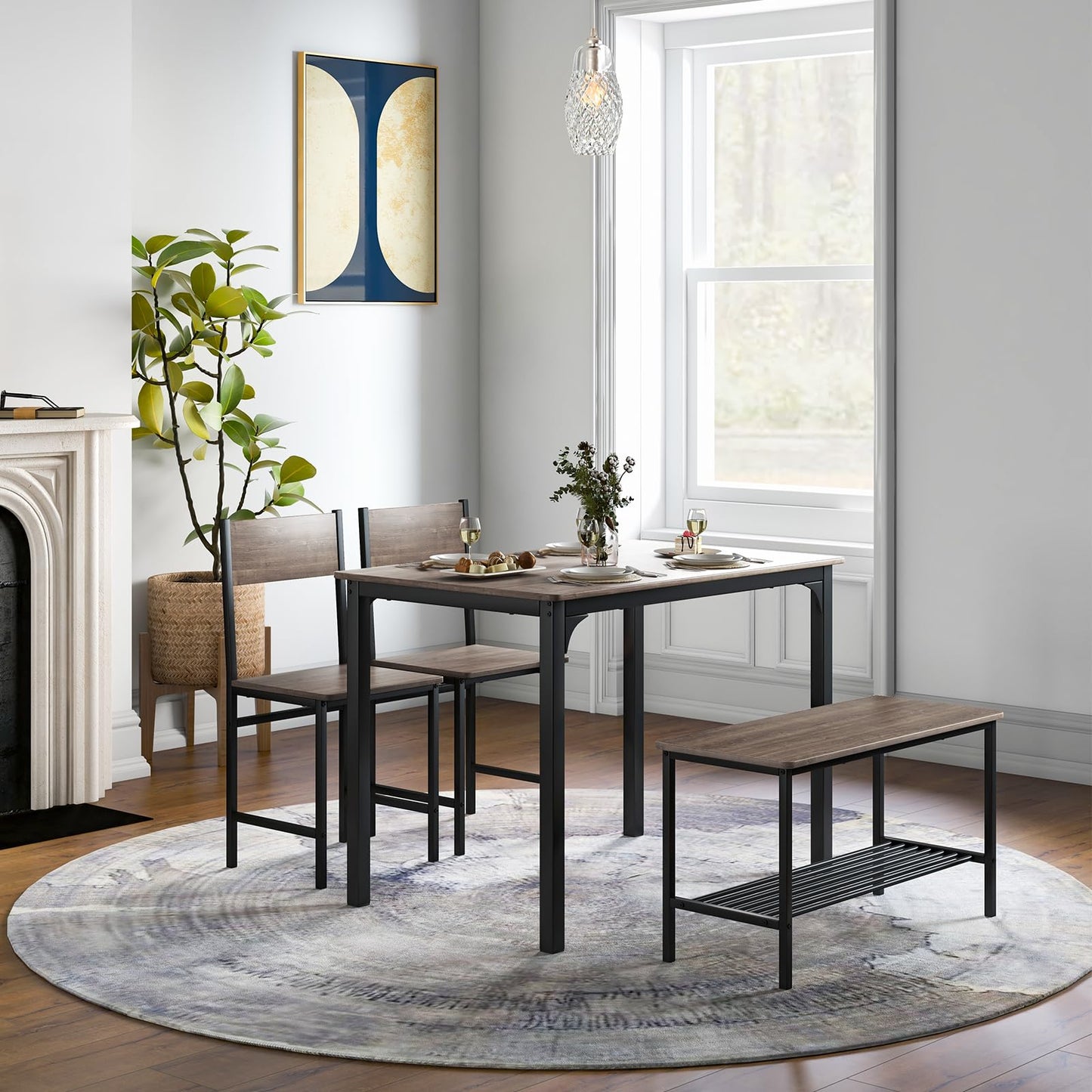 ReunionG Dining Table Set for 4, Modern Dinette with 1 Bench & 2 Chairs, Storage Shelf, 4-Piece Kitchen Table for Small Space, Apartment, Dining Room, Restaurant (Grey)