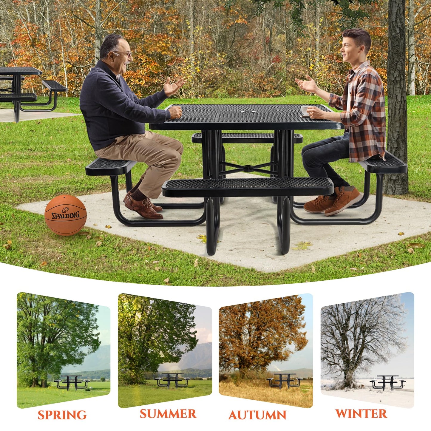 Jinrrenyi 46IN Square Metal Picnic Table Set with Umbrella Hole and Benches for Outdoor, Expanded Heavy Duty Metal Commercial Grade Patio Dining Furniture for Yard Patio Lawn Party Coffee, Black