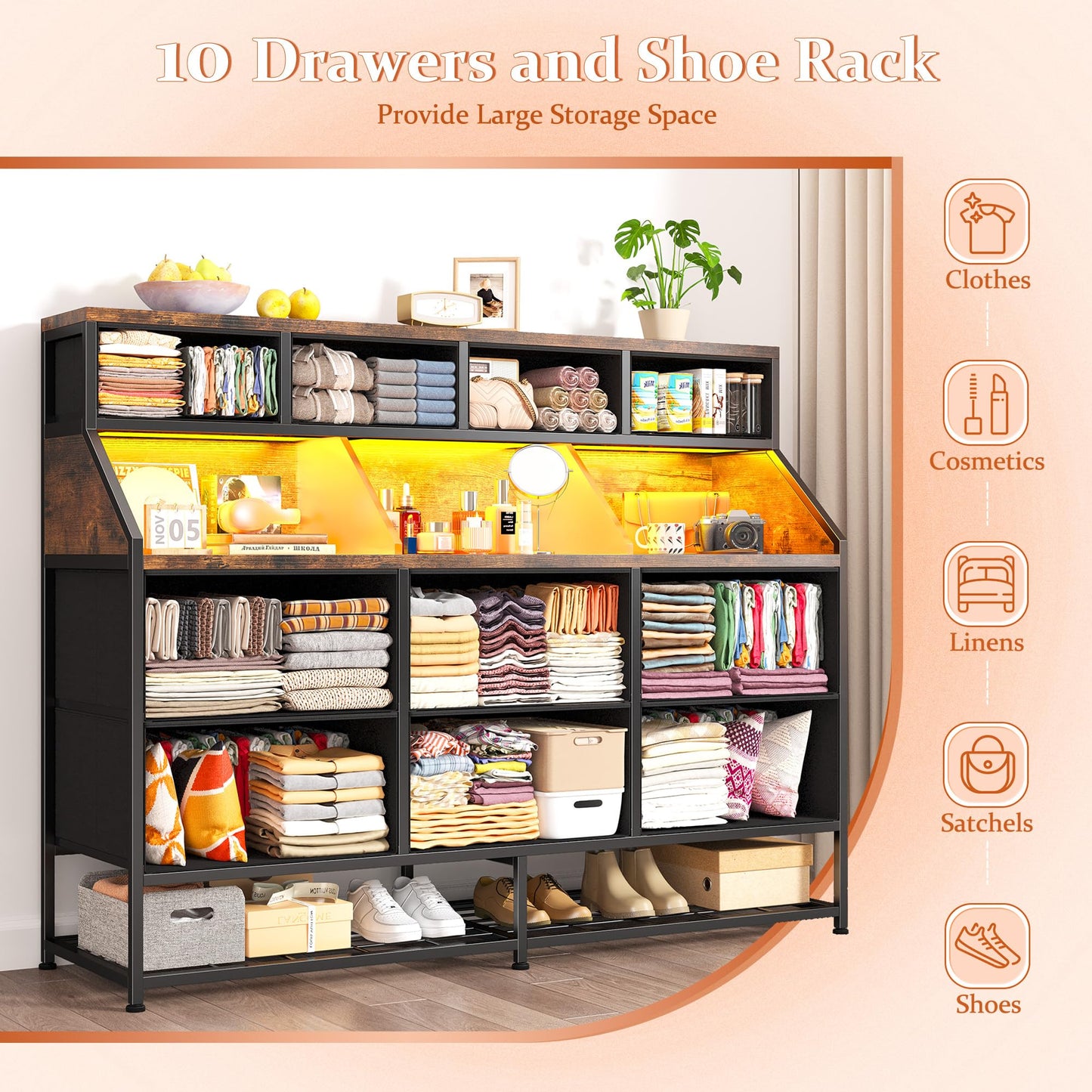 Dresser for Bedroom with 10 Drawers & Shoe Rack Fabric Dressers & Chests of Drawers with LED Lights and Power Outlets Bedroom Dresser for Entryway, Halfway, Closet (Rustic Brown)