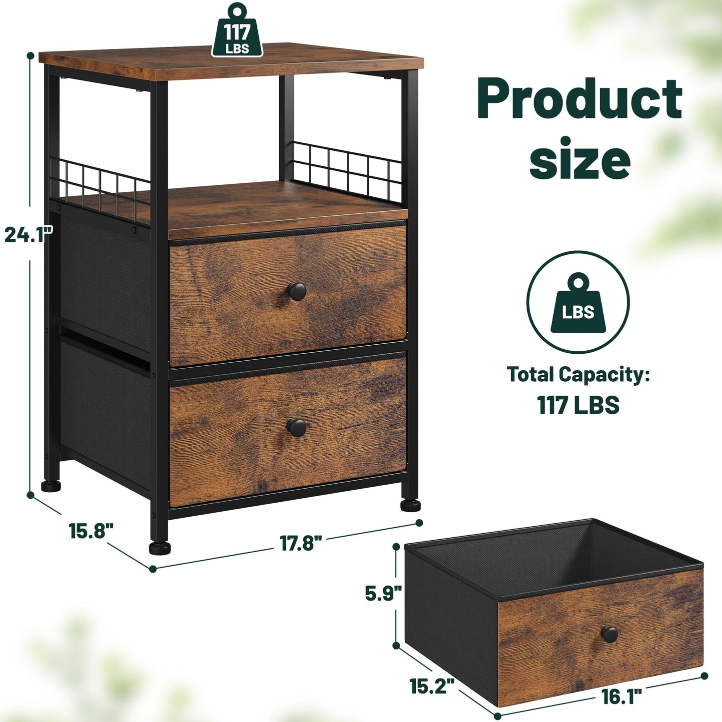 Nightstand Set of 2, 17.8"W Bedside Table with Fabric Drawers and Open Wood Shelf Storage, Safety Netting on 2 Sides of Bedside Table,Night Stand for Bedroom,Closet, Hallway, Dorm, Rustic Brown