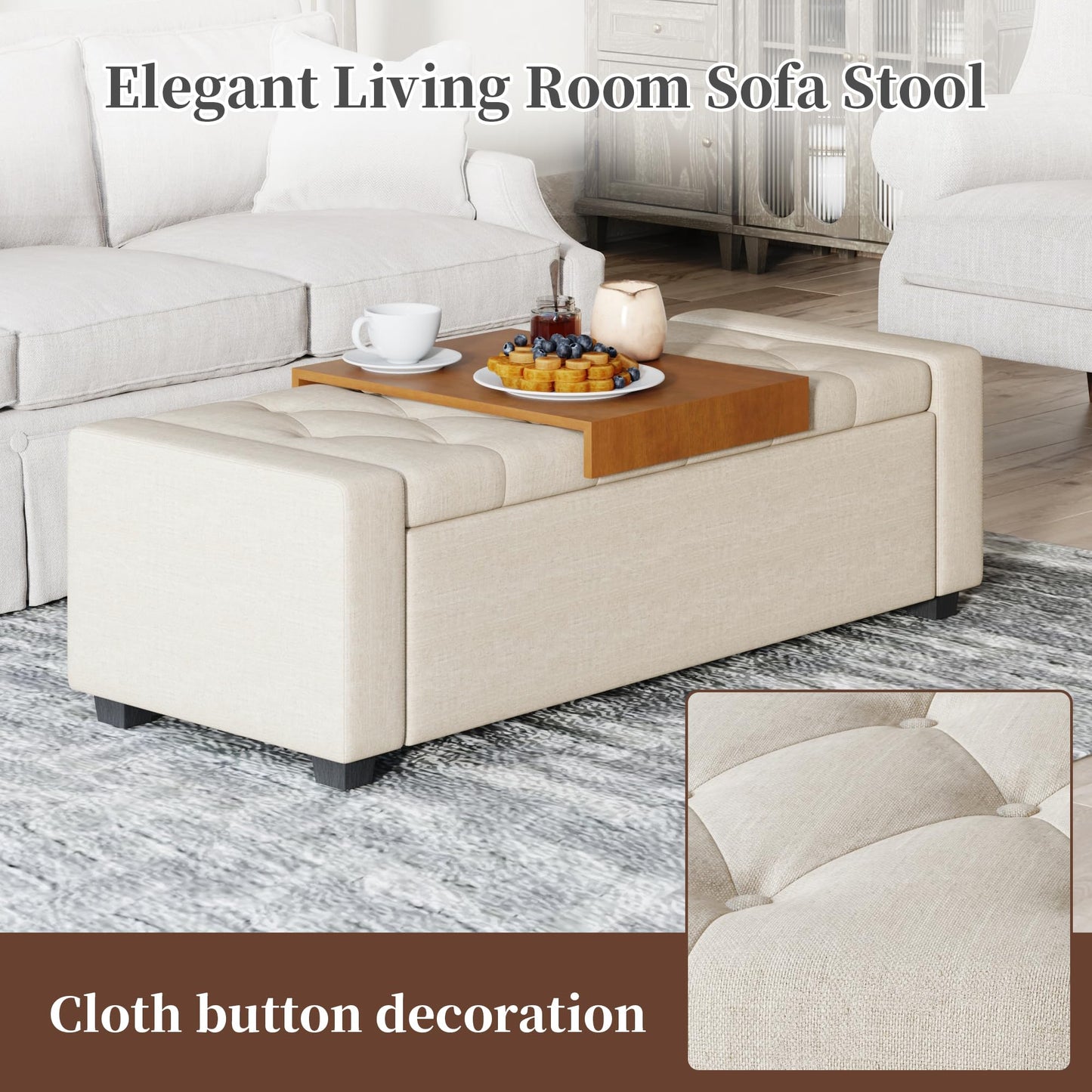 Atrtivoent 47" Ottoman Bench, Living Room Storage Bench with Removable Tray, Upholstered Tufted Window Benches, Ottoman Bench Seat with Storage for Bedroom, Entryway (Beige1, with Tray)