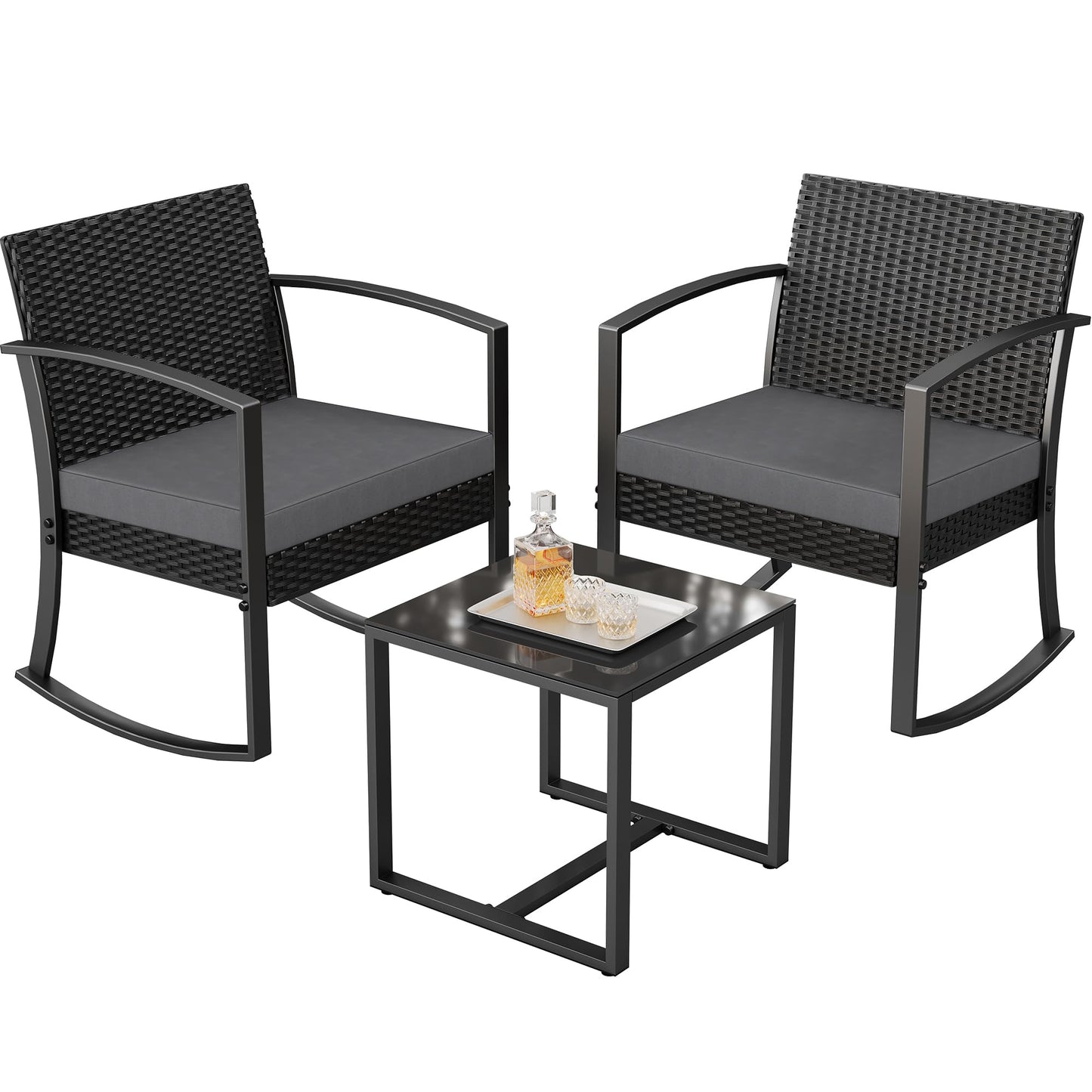 Greesum 3 Piece Patio Furniture Set, All-Weather Imitation Rattan Conversation Set, Outdoor Rocking Chair Bistro Set with Glass Top Coffee Table for Pool, Deck, Porch, Garden or Balcony, Grey