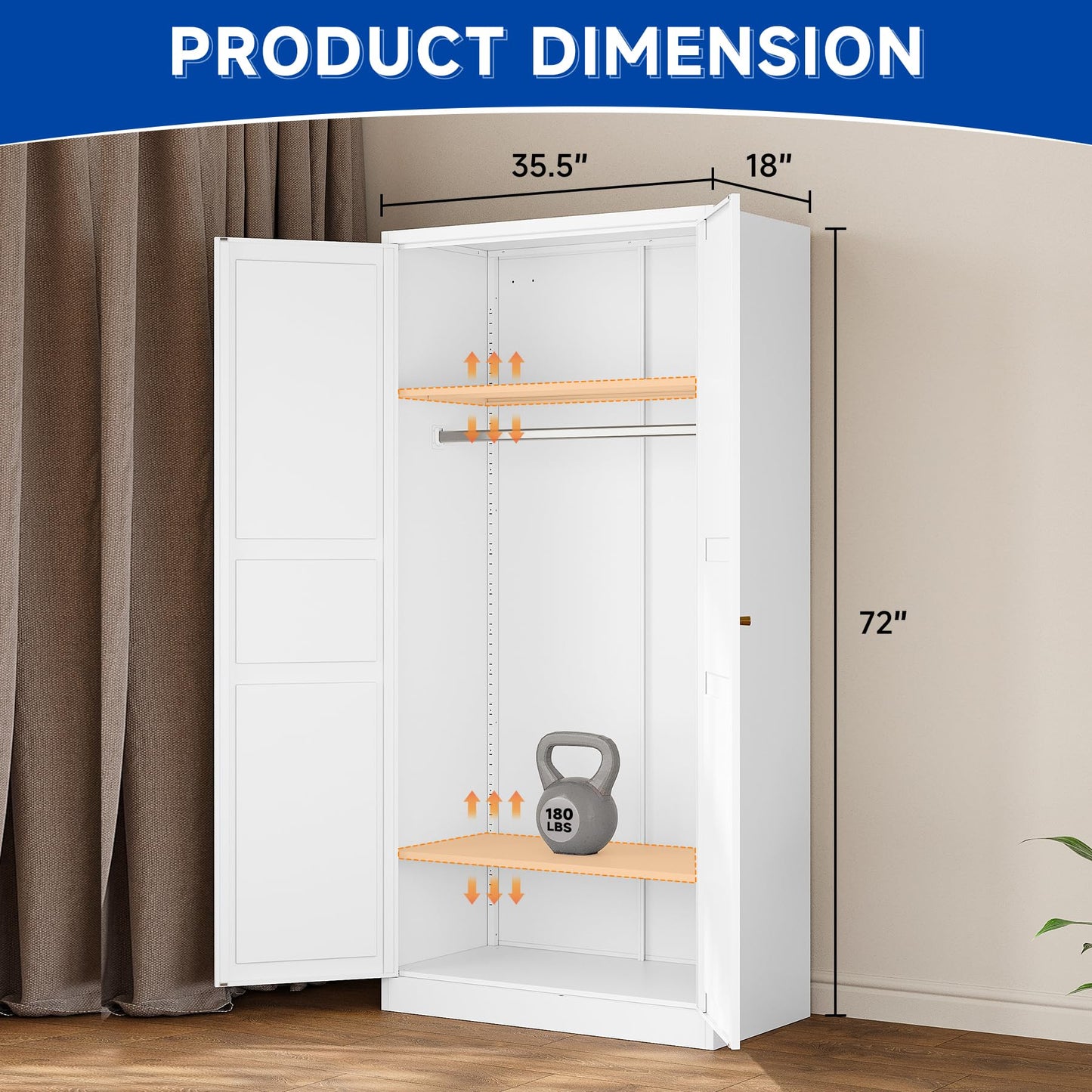 BYNSOE Metal Armoire Wardrobe Closet with 2 Doors 72'' Wardrobe Cabinet with Hanging Rail Metal Closet with Adjustable Shelves for Bedroom Require Assembly(White, 72inch)
