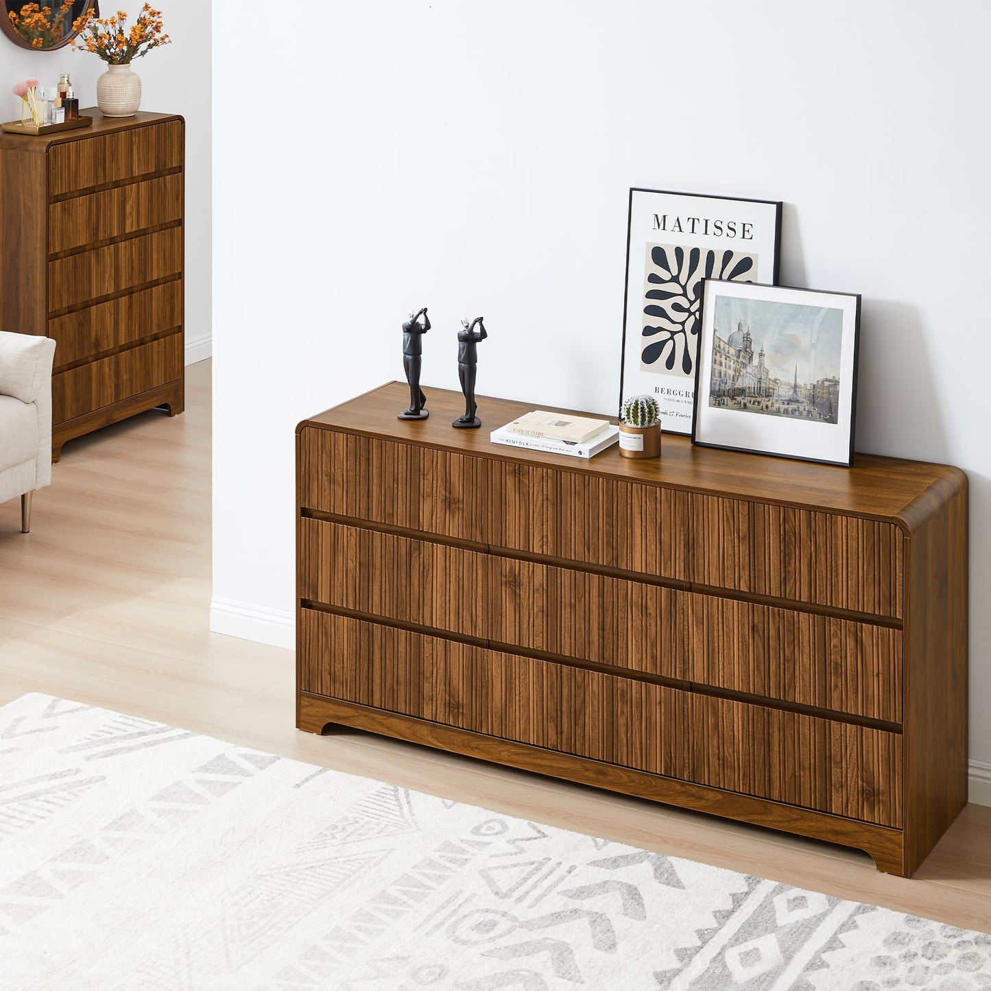 BERRYMERRY Fluted Dresser for Bedroom with 9 Drawers,63" Wide Modern Chest of Drawers with Curved Profile & Deep Drawer,Large Wood TV Dresser for Bedroom Living Room