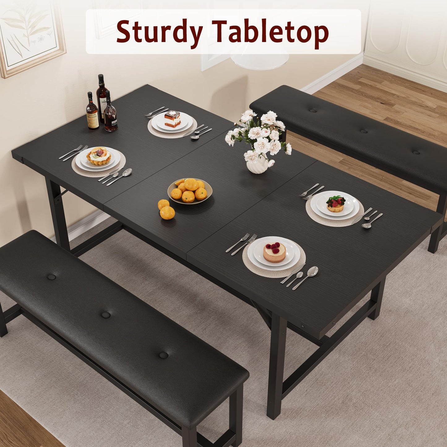 CABIHOME Dining Table Set for 4-6, 63" Extendable Dining Room Table Set With 2 Upholstered Benches, 3 Piece Large Rectangle Kitchen Table Set With Metal Frame for Apartment, Saving Space, Rustic Black