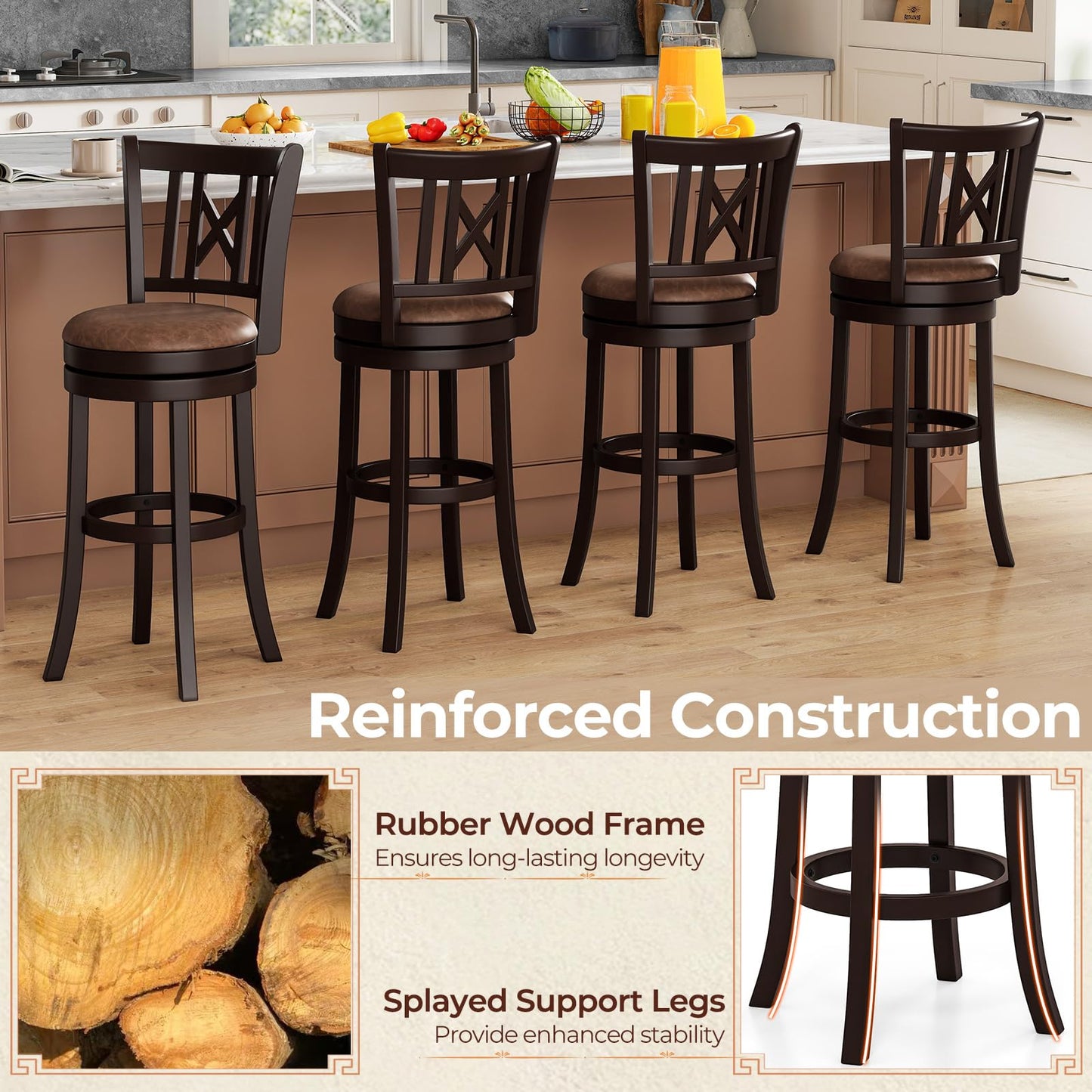 COSTWAY Bar Stools Set of 2, 30” Swivel Bar Chairs with Footrest, Rubber Wood Frame & Hollowed Backrest, Leathaire Bar Height Stools, Padded Counter Stools for Kitchen Island & Pub (2, 30'')
