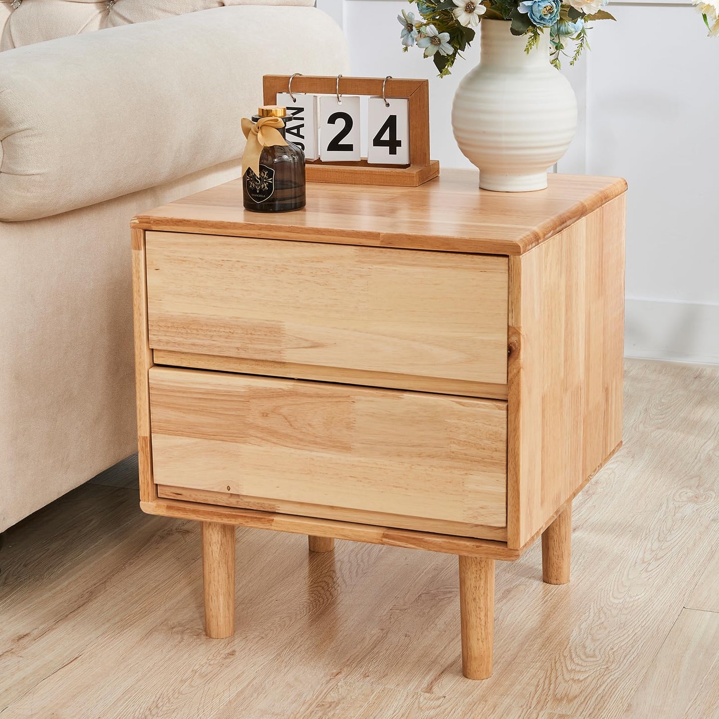 Small Solid Wood Nightstand with Drawers - Mid Century Modern 2 Drawer Wood Narrow Nightstand Side Bedside End Table with Storage for Living Room Bedroom Office, Natural, 15.7" D x 17.1" W x 19.6" H