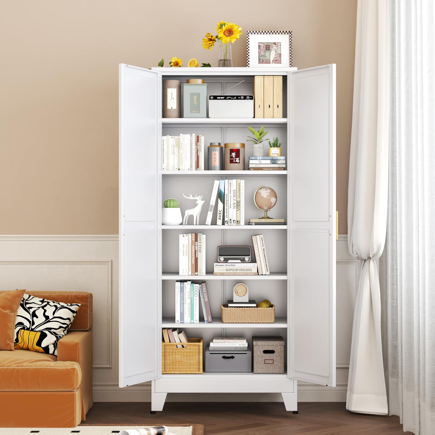 pozdeg 75” Tall Pantry Cabinet, Metal Kitchen Storage Cabinet with 2 Doors and 5 Adjustable Shelves, White Storage Cabinet Cupboard for Kitchen, Dining Room, Living Room and Bathroom (White)
