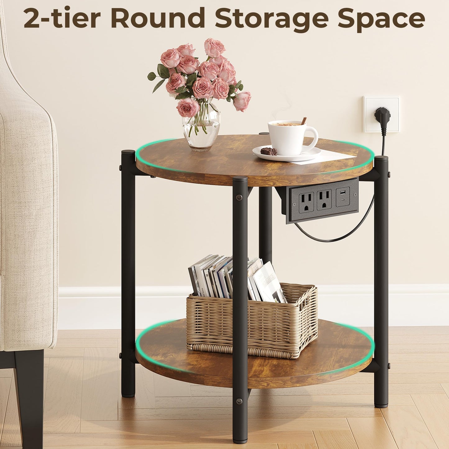 LIKIMIO Side Table with Charging Station, 2-Tier Round End Table with Lower Shelf, 15.8" W Modern Wooden Nightstand for Small Spaces, Living Room, Bedroom, Rustic Brown