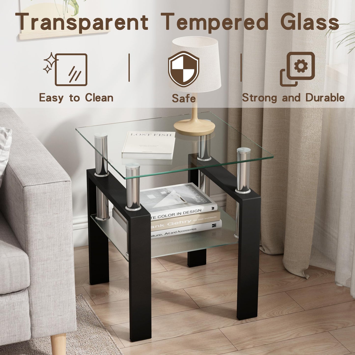 Modern Glass End Table 2-Tier Tempered Glass Top Corner Table for Living Room, Side Table with Metal Legs (Clear, 1pc)