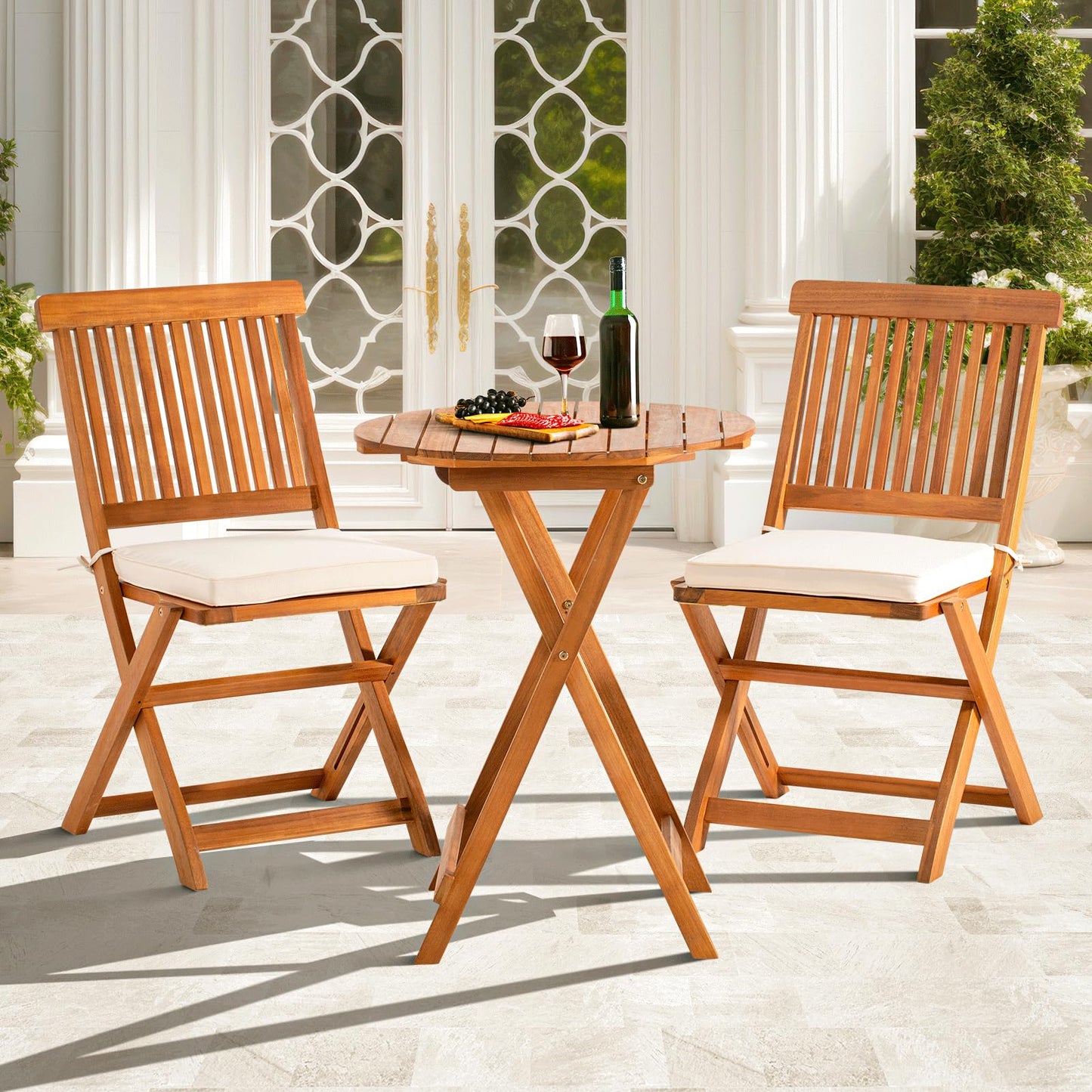 IDZO Heavy Duty 400lbs Capacity Patio Bistro Sets, 3 Piece Outdoor Folding Chairs with Cushions and Round Table, FSC-Certified Acacia Wood, Space-Saving Design for Balcony, Garden and Porch