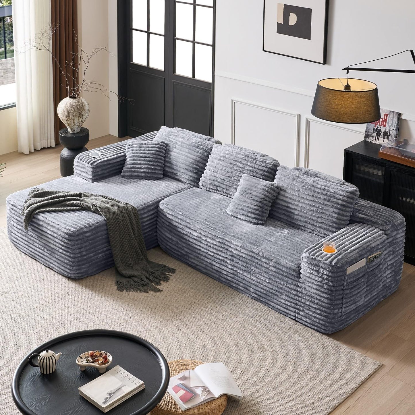 Cloud Sectional Couch with L-Shape Chaise, Modern Modular Sofa with Deep Seat, Built-in Cup Holder & Storage Pocket for Living Room Bedroom, No Assembly Required (Light Gray, Right Facing Chaise)