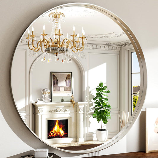 Easly 30 Inch Round Bathroom Mirror - Wall Mounted Circle Mirror with Metal Frame, Modern Mirror Suitable for Bathroom, Vanity, Entryway, Living Room, Wall Decor，Silver