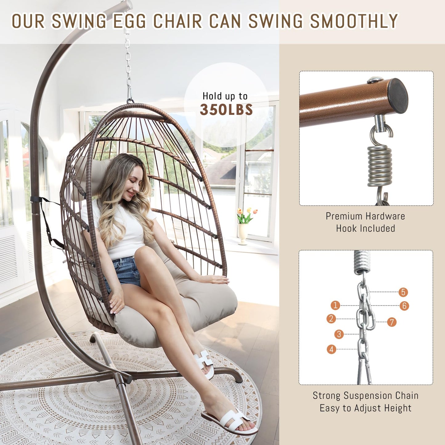 RADIATA Wicker Egg Swing Chair with Stand for Outside, Outdoor Comfy Hanging Egg Patio Chairs with Thick Cushion, 350Lbs Durable Swinging Rattan Chair for Bedroom Porch Backyard Balcony, Brown, Tan