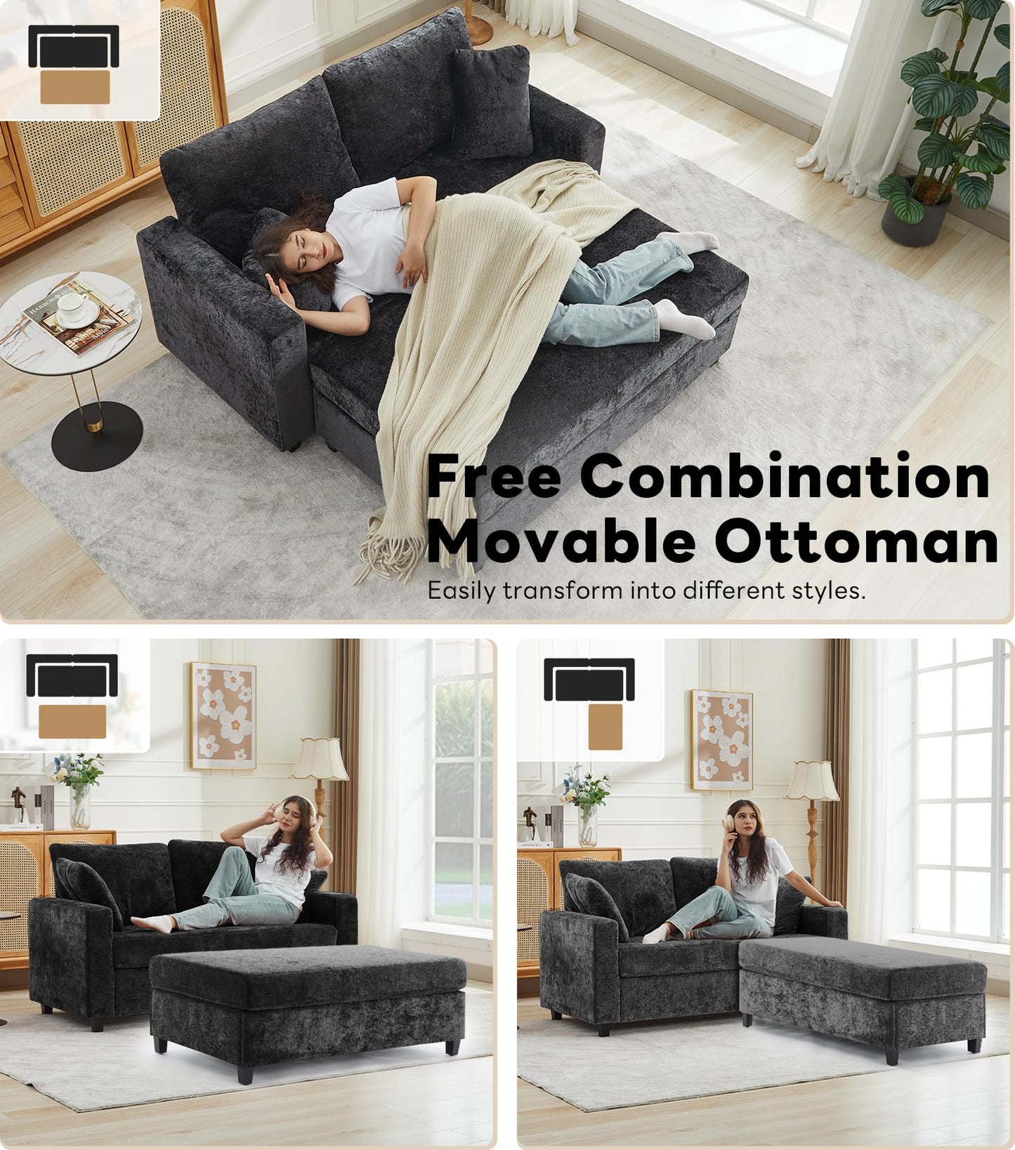 Tbfit 59.4'' Oversized Chaise Lounge Chair Indoor, Upholstered Loveseat Sofa with Storage Ottoman, Pillows & Armrests, Chenille Sleeper Chair, Comfy Couches for Living Room, Bedroom, Apartment, Black