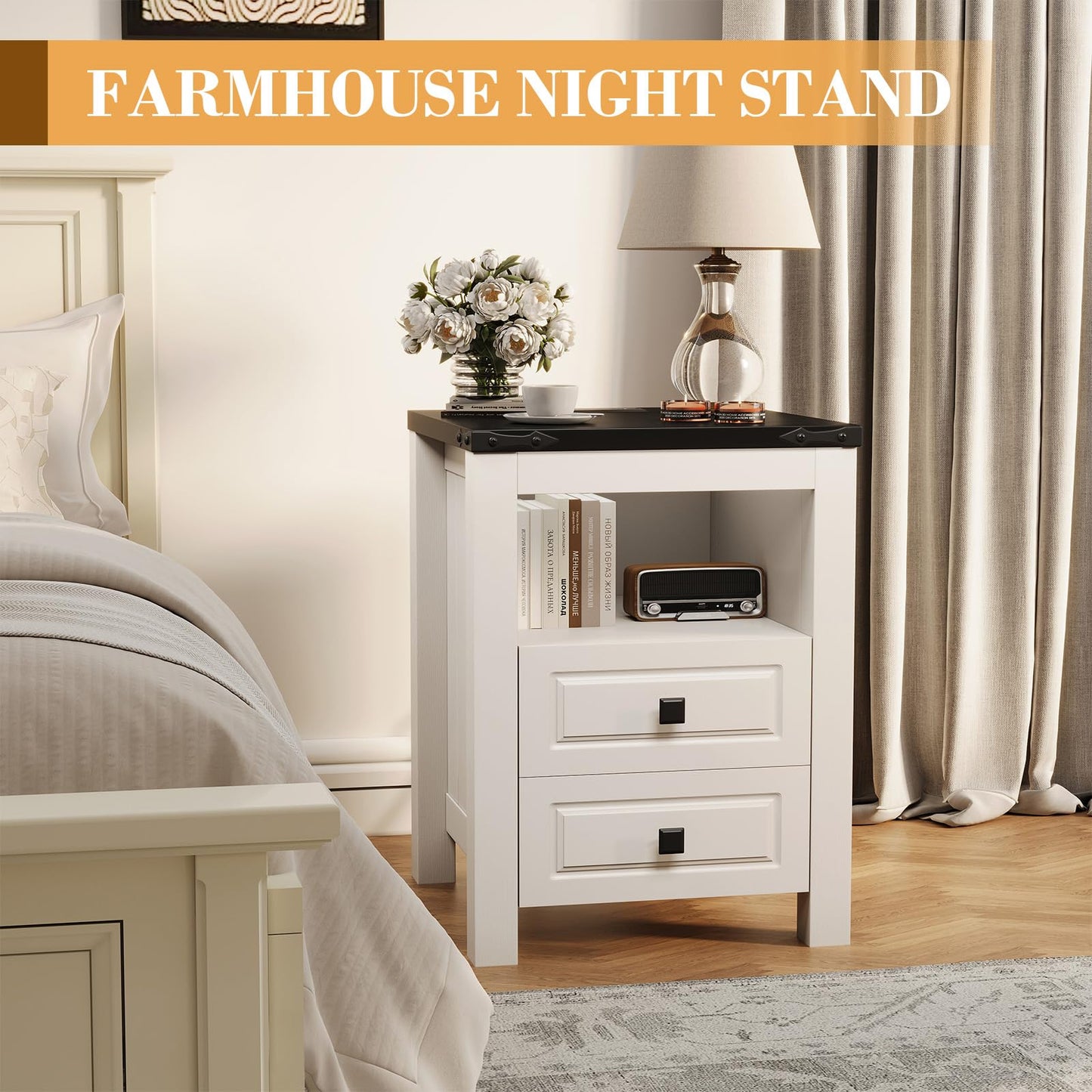 Apicizon End Table Set of 2, Farmhouse End Tables with Charging Station, Nightstand with Drawers and Storage Cabinet, Small Coffee Table for Small Spaces, Sofa Side Table for Living Room, Bedroom
