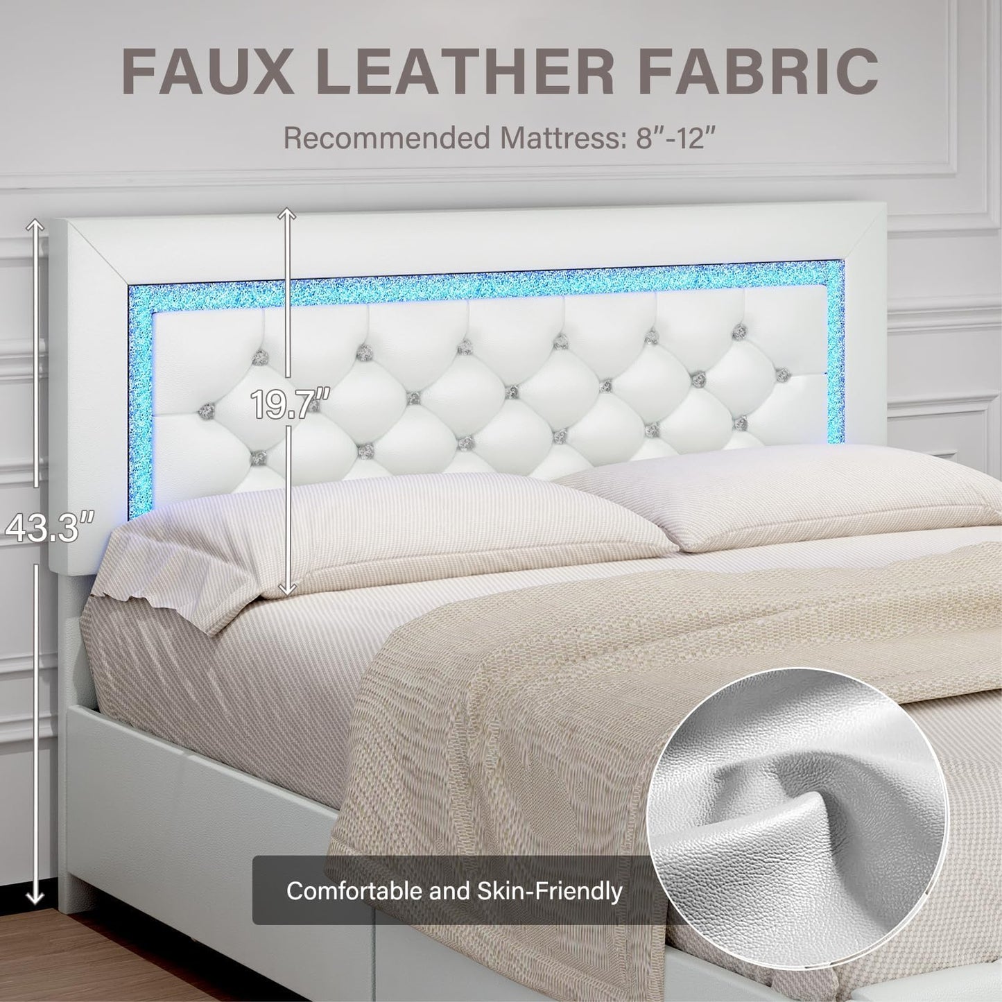 King Size Bed Frame with LED Lights and Storage Drawers, Upholstered Platform Bed with Diamond Tufted Headboard, Wooden Slats Support, No Box Spring Needed, Easy Assembly, White