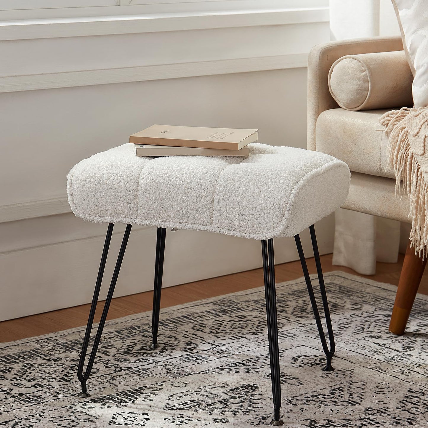 EBENCHICO Sherpa Vanity Stools, Teddy Fur Foot Stools Ottoman with Metal Leg Vanity Stool Chair with Padded Seating Make up Chairs for Small Bench Seat for Living Room Bedroom (Cream White)