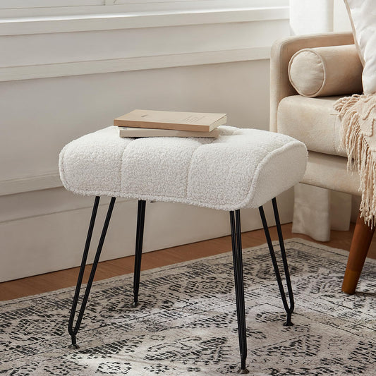 EBENCHICO Sherpa Vanity Stools, Teddy Fur Foot Stools Ottoman with Metal Leg Vanity Stool Chair with Padded Seating Make up Chairs for Small Bench Seat for Living Room Bedroom (Cream White)