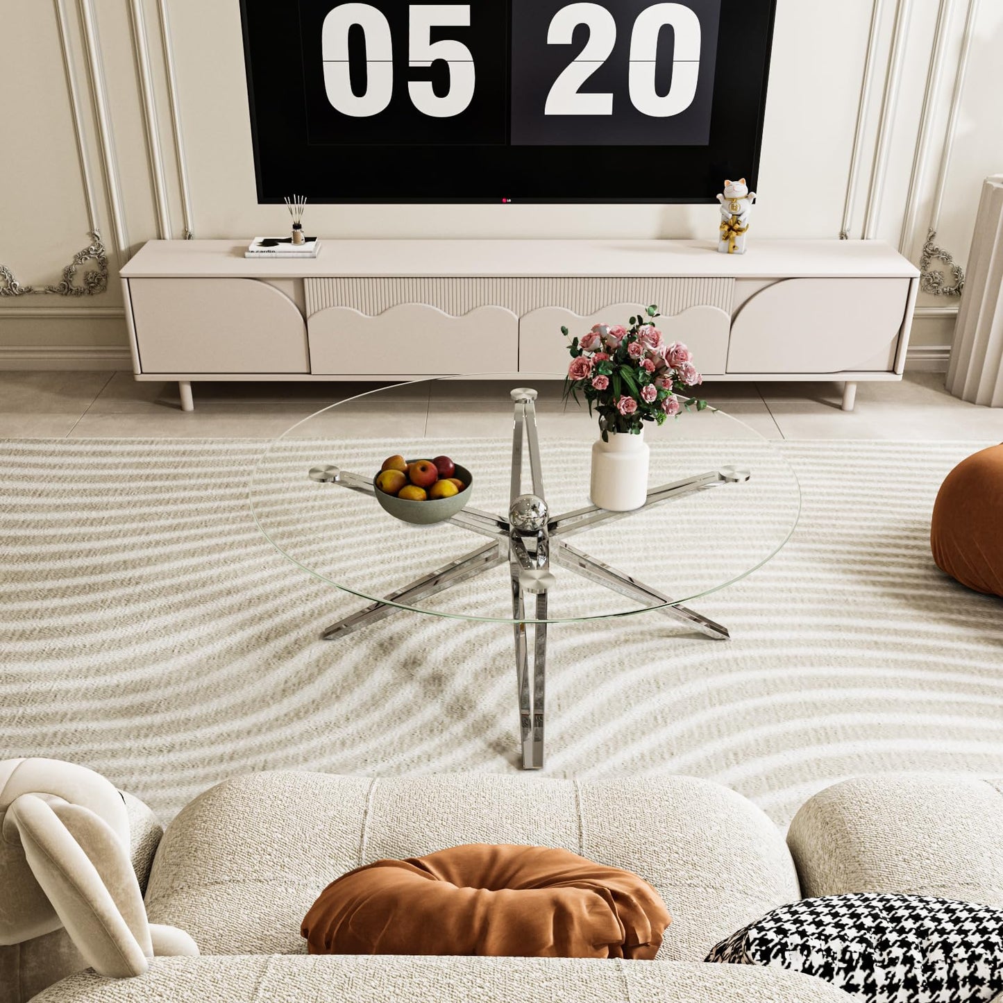Julenshion Modern Glass Coffee Table, Round Clear Center Table with Tempered Glass Top & Silver Stainless Steel Base Ball Decor Table for Living Room Home Office, Chrome Finish
