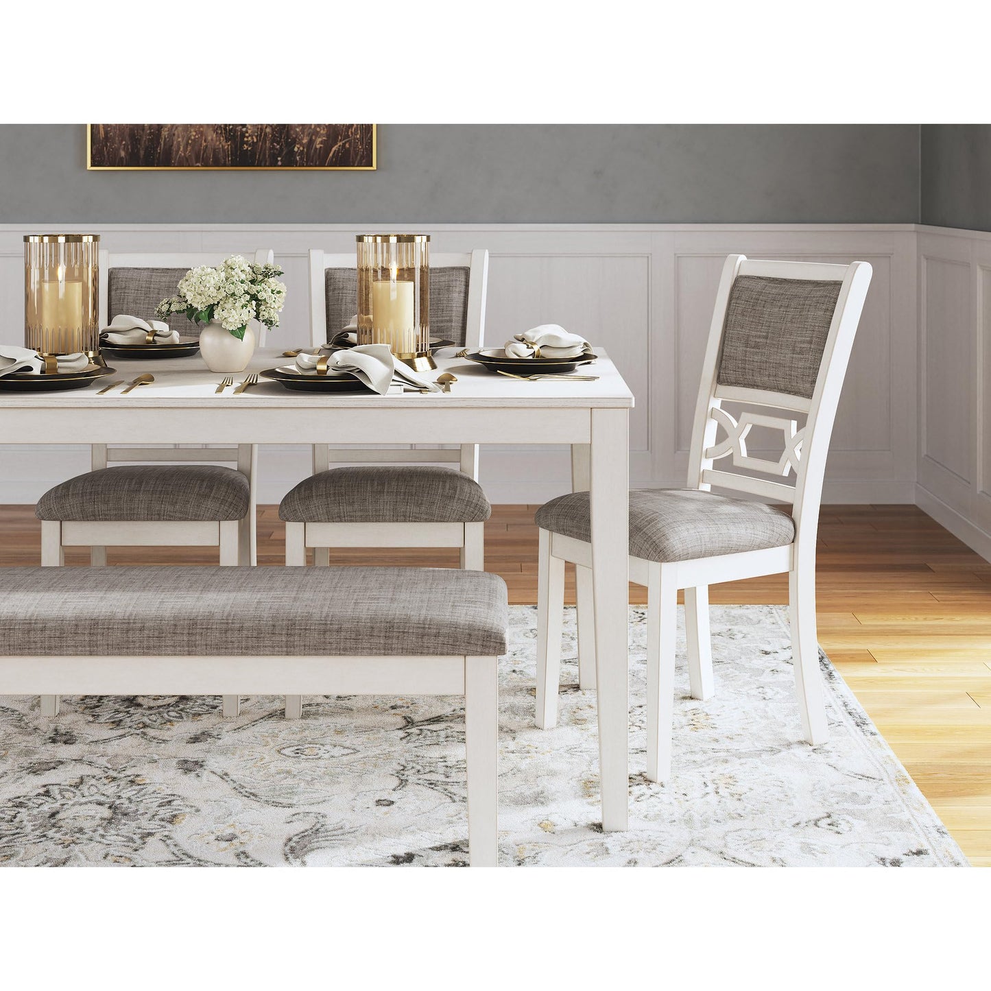 Signature Design by Ashley Erinberg Casual Dining Table with 4 Armless Upholstered Chairs and Bench, Set of 6, White & Light Gray