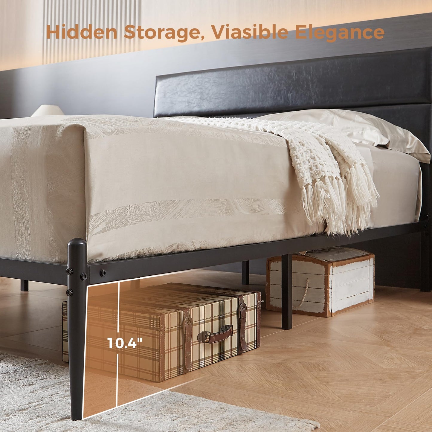 BedsPick Queen Size Bed Frame, Platform Bed Frame with Upholstered Headboard, 12 Quiet Slats, Urban Style Design, No Box Spring Needed (Dark Black)