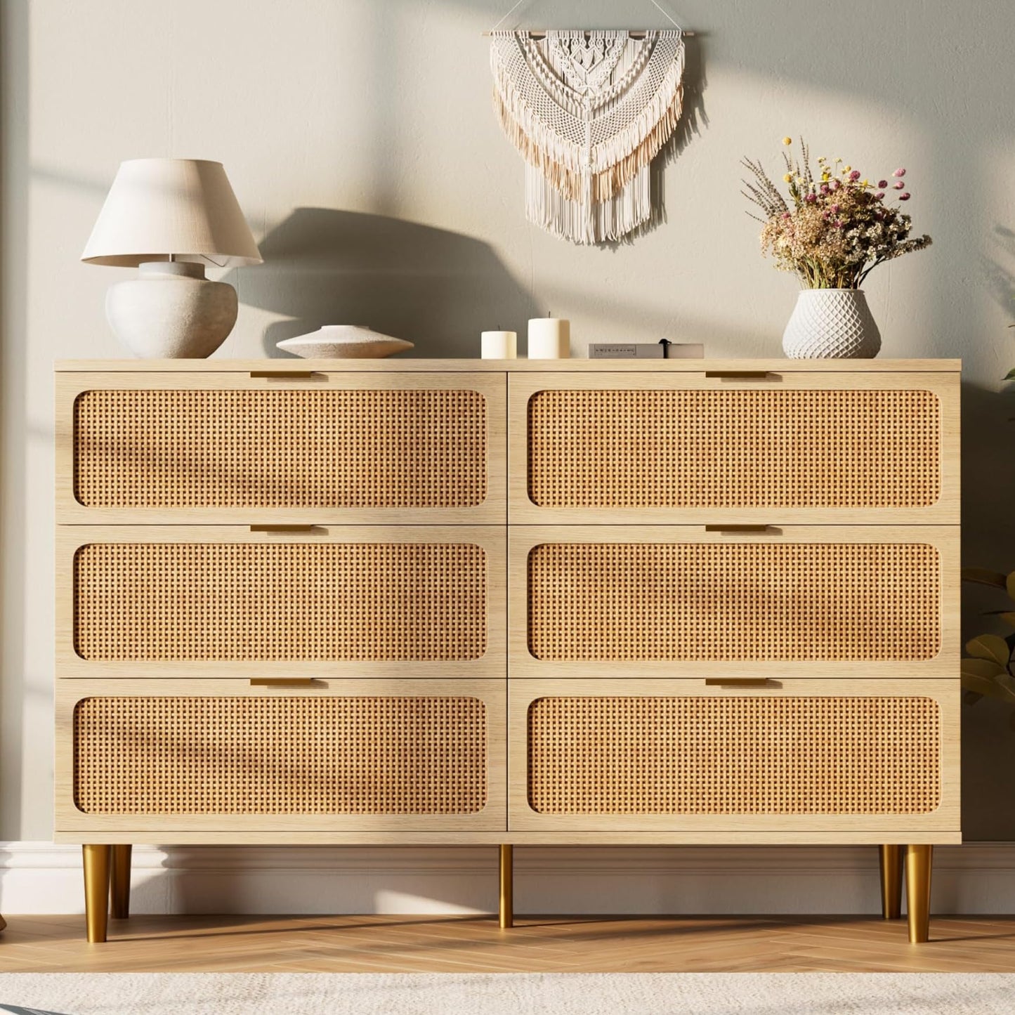 Rattan 6 Drawer Dresser for Bedroom, Large Double Dresser with Deep Drawers, Wooden Chest of Drawers for Closet with Wide Top, for Living Room, Hallway, Kids Room, Natural