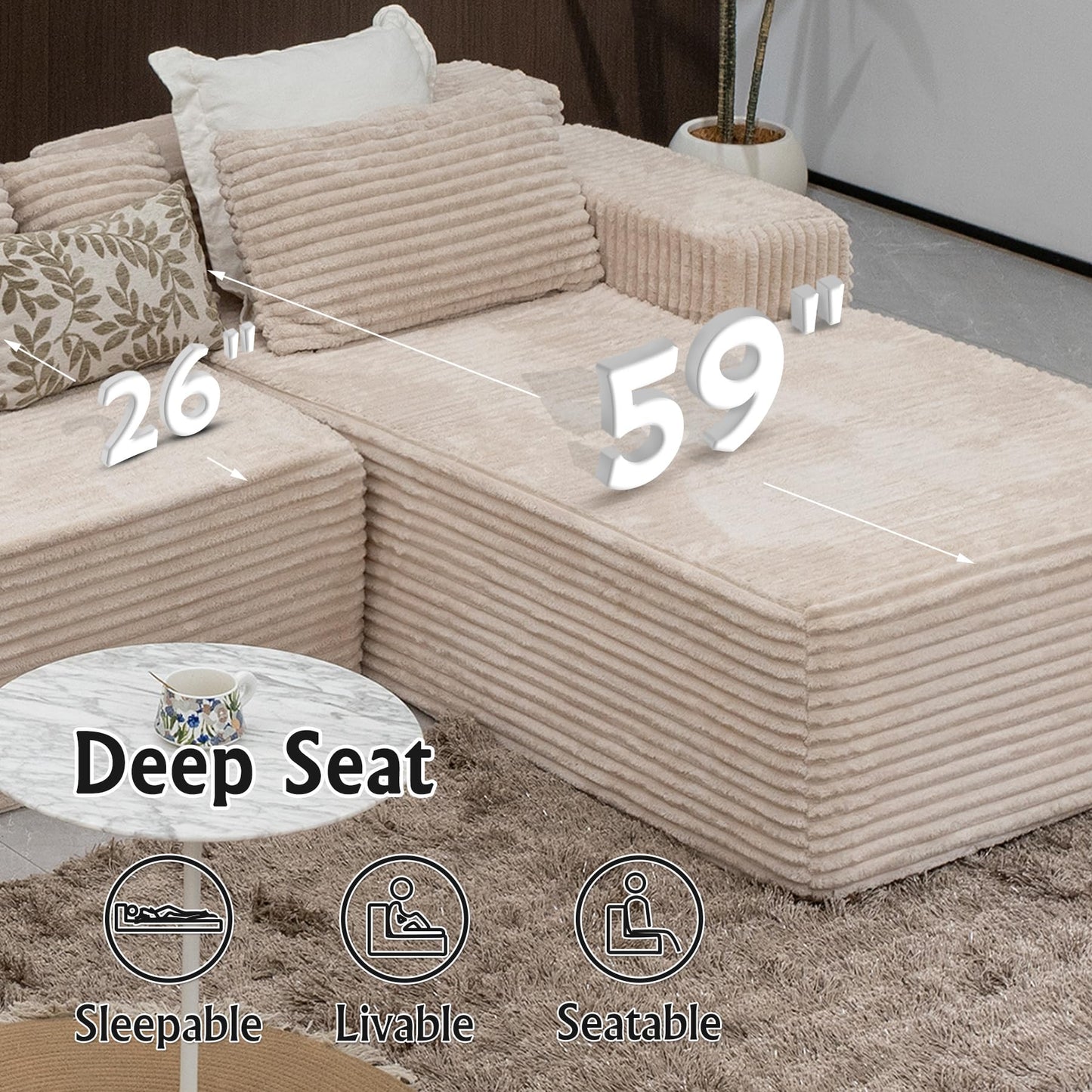 Sectional Couches for Living Room-Corduroy Couch Beige，104" Cloud Sectional Couch with L-Shape Chaise， Modern Modular Sofa, Deep Seat Comfort, No Assembly Required(Plush Corduroy Fabric)