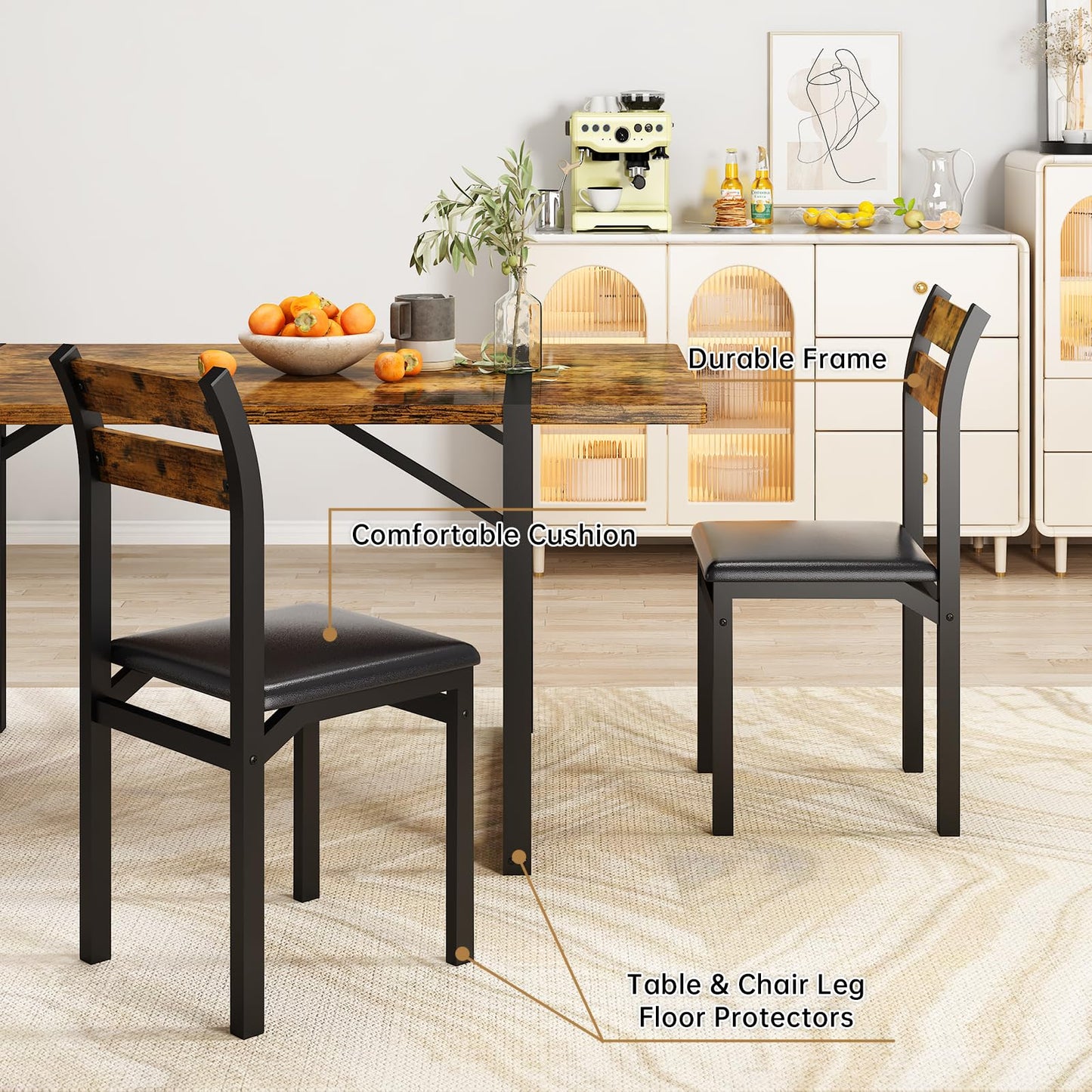Recaceik Dining Table Set for 6, 55‘’ Wooden Dinner Table Set for 6 with Upholstered Dining Room Chairs, Farmhouse Kitchen Table and Chairs