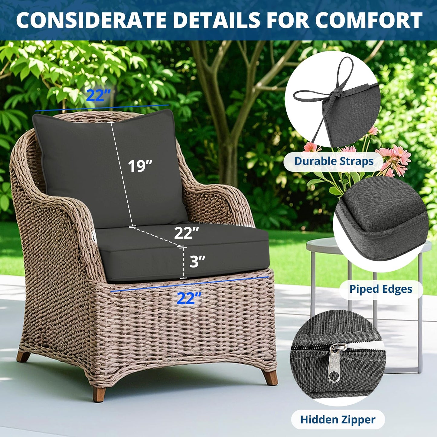 Fabuday Outdoor Chair Cushions Set - 22 x 22 Inch Waterproof & Fade Resistant Patio Furniture with Removable Cover Deep Seat & Back Pillow with Ties Replacement for Sunbrella Outside Sofa Couch Gray