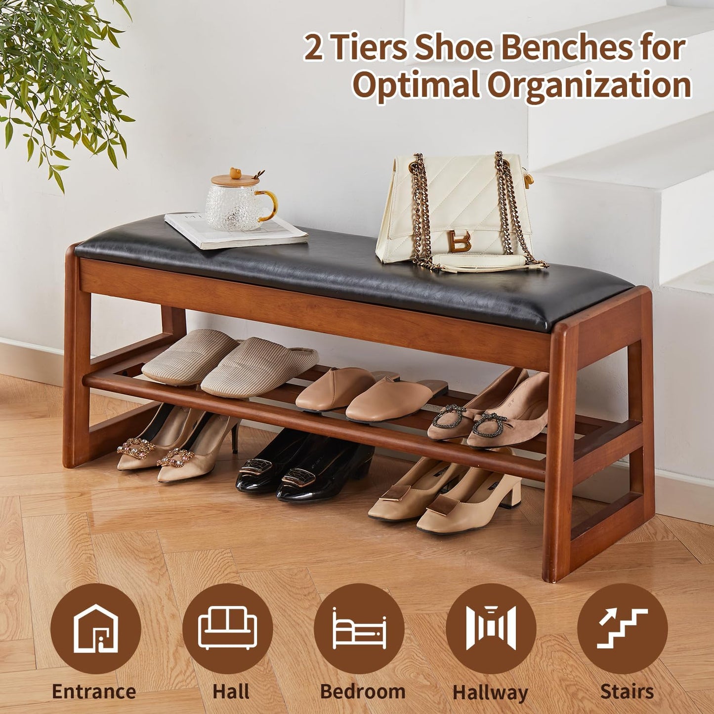Jimenuco Solid Wood Shoe Rack for Entryway, 40" Shoe Storage Bench with Cushion, PU Upholstered 2-Tier Shoe Bench, Flip-Open Storage Compartment, Ideal for entryways, Closets, or mudrooms