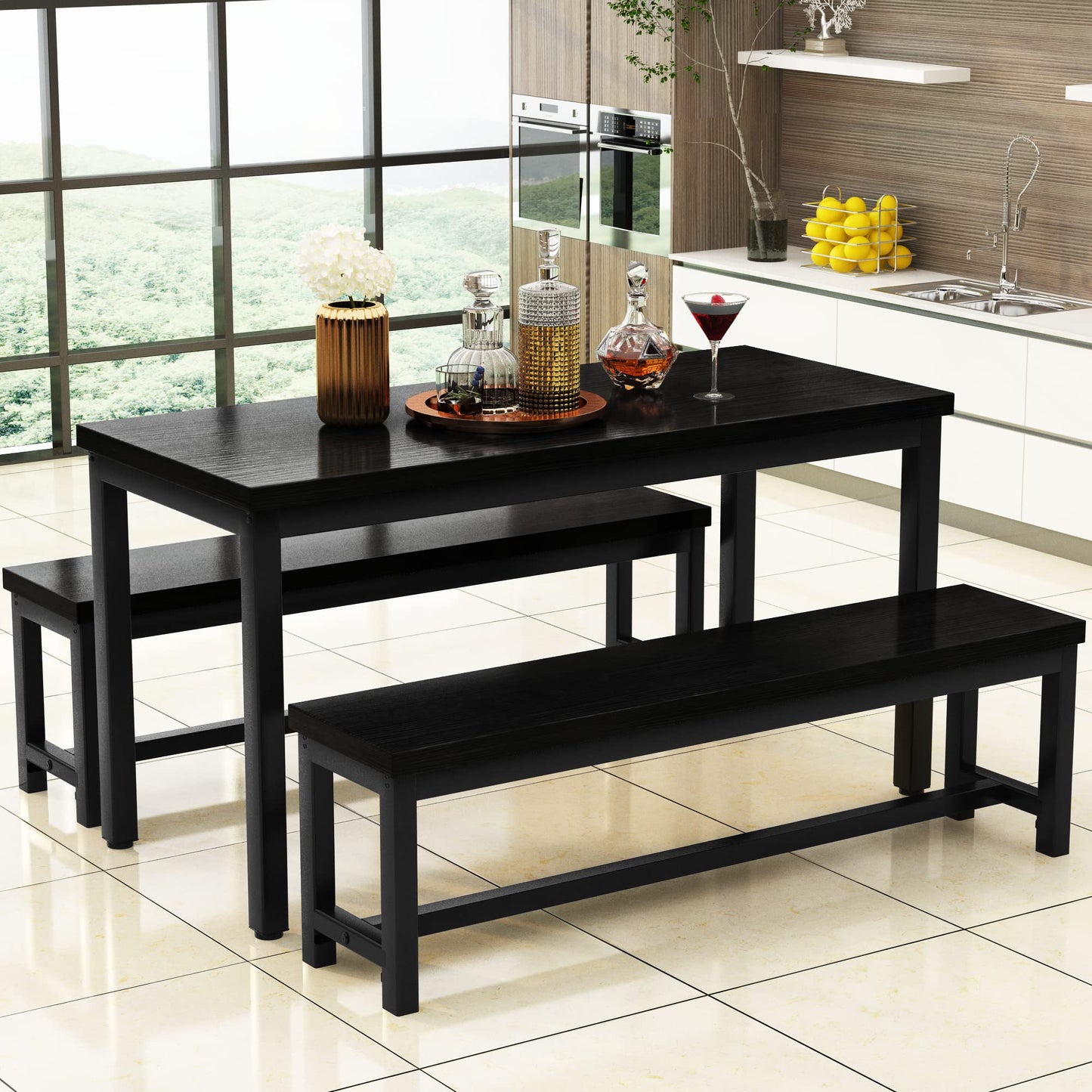 AWQM Dining Table Set for 4, Kitchen Dining Table with 2 Benches, Dining Room Table Set with Metal Frame & Thickened Board for Kitchen, Restaurant, Black, 43'' Breakfast Table Set (A006-11H2-L)