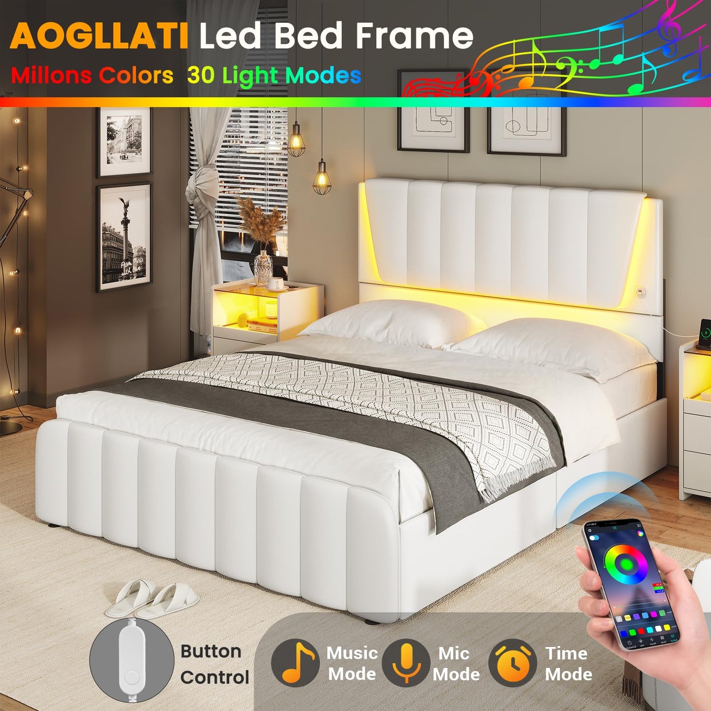 AOGLLATI Queen Bed Frame with Headboard and 4 Storage Drawers, White Platform Bed Frame Queen Size with Led Light & 2 USB Ports, Queen Size Bed Frame with Wooden Slats Support, No Box Spring Needed