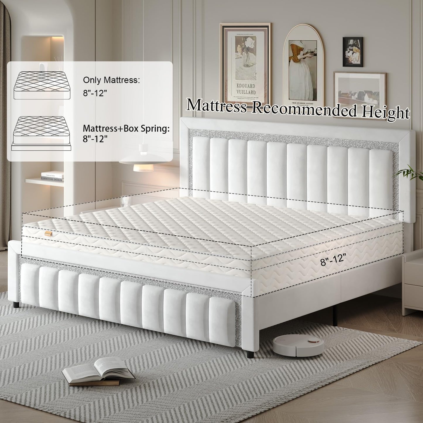 HOMBCK King Size Bed Frame with Diamond Velvet Headboard, Upholstered Bed Frame King with Wooden Slats Support, No Box Spring Needed, Noise Free, Easy Assembly, White
