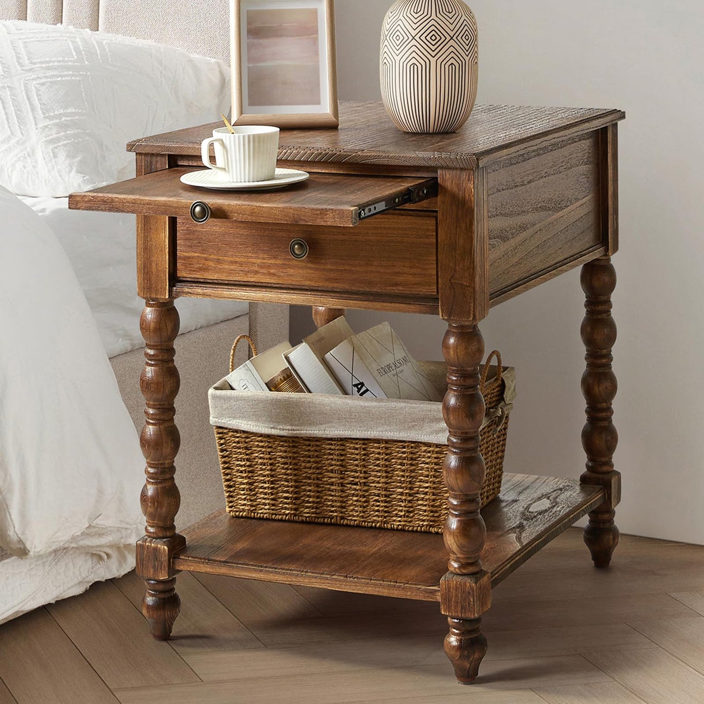 HULALA HOME Spindle Nightstands with Charging Station, Solid Wood Nightstand with Drawer Shelf, Side Table with Pull-Out Shelf (Walnut)