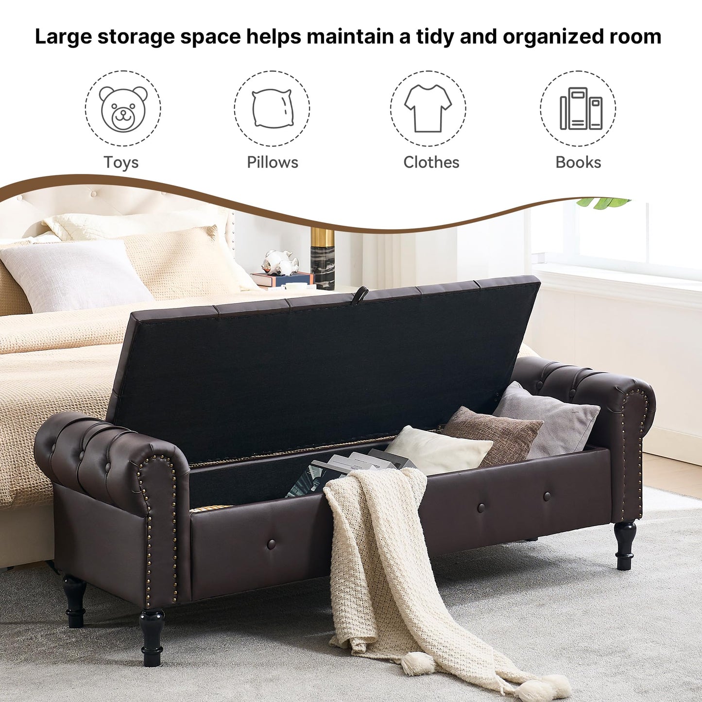 HOMYKA Storage Bench for Bedroom, 67" End of Bed Bench, Faux Leather King Size Bench with Rolled Arms, Tufted Button Ottoman Benches, Upholstered Bench for Bedroom, Living Room, Entryway, Dark Brown