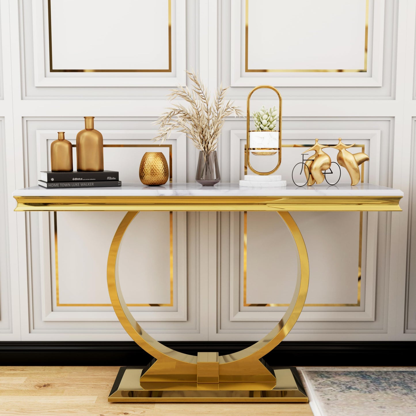 Asday Gold Console Table, 50 Inch Glam White and Gold Entryway Table with U-Shaped Base, Polished Gold Entrance Table with White Top for Entryway, Hallway, Foyer