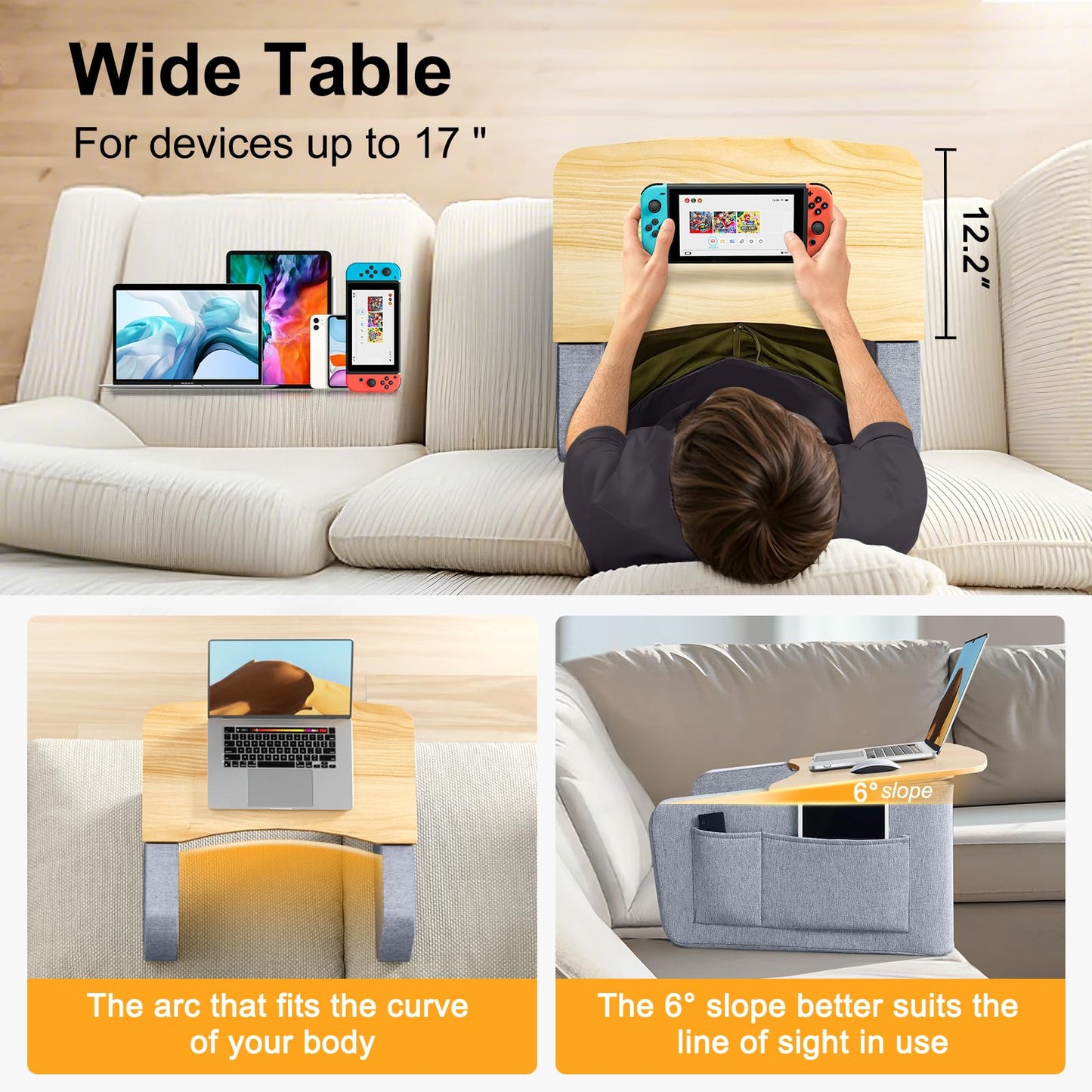Reading Pillow with Sturdy Wooden Surface, Lap Pillow Desk for Laptop, Arm Rest Pillow for Bed and Gaming, Soft Cushioned Cover, Storage Pockets, Detachable Design, Perfect for Adults and Book Lovers