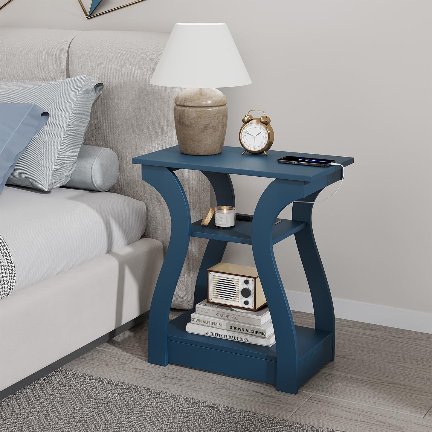 FROMJBEST End Tables Living Room Set of 2,End Table with Charging Station and USB,Navy Blue Side Table, Nightstand for Bedroom,3 Tier End Table with Storage Shelf for Living Room Navy Blue
