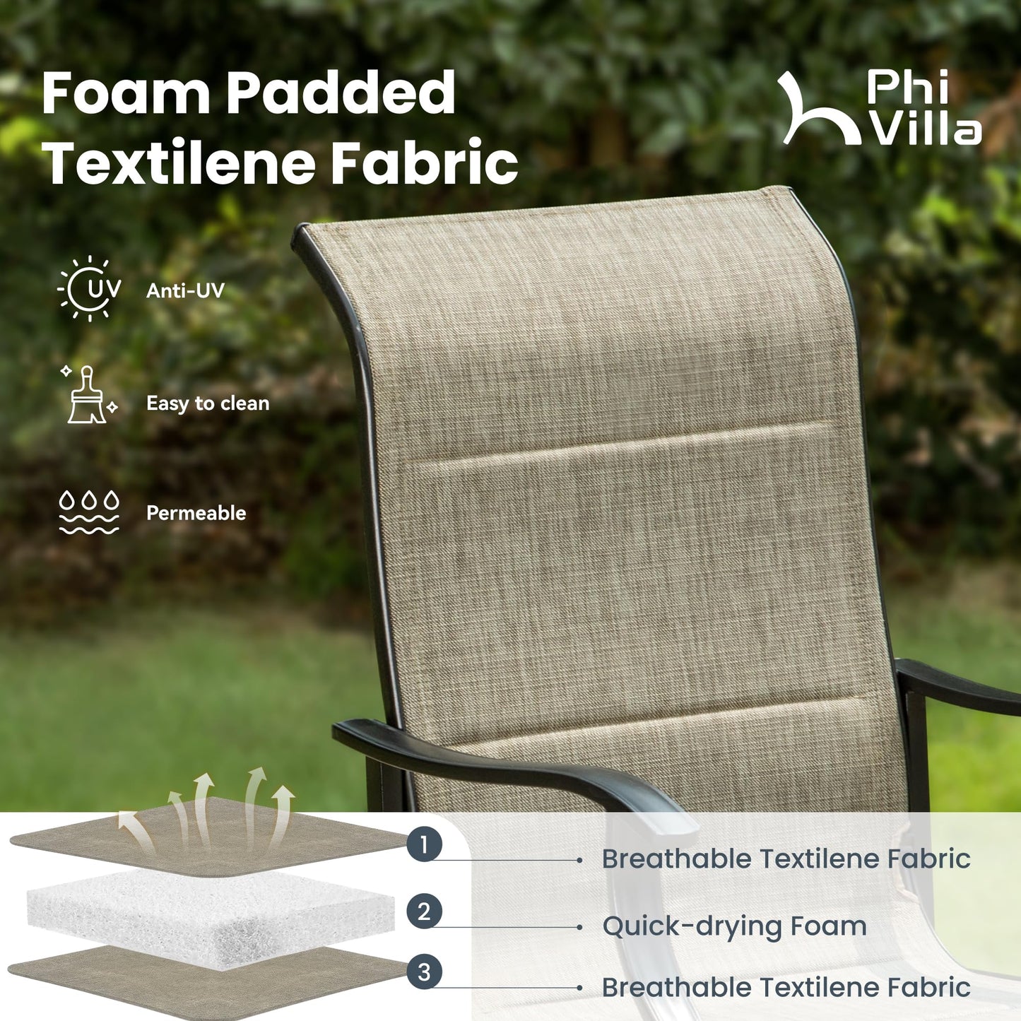 PHI VILLA Outdoor Dining Chairs Set of 4, High Back Textilene Fabric Padded Armchairs with E-Coated Steel Frame for Patio, Porch, Deck, Yard