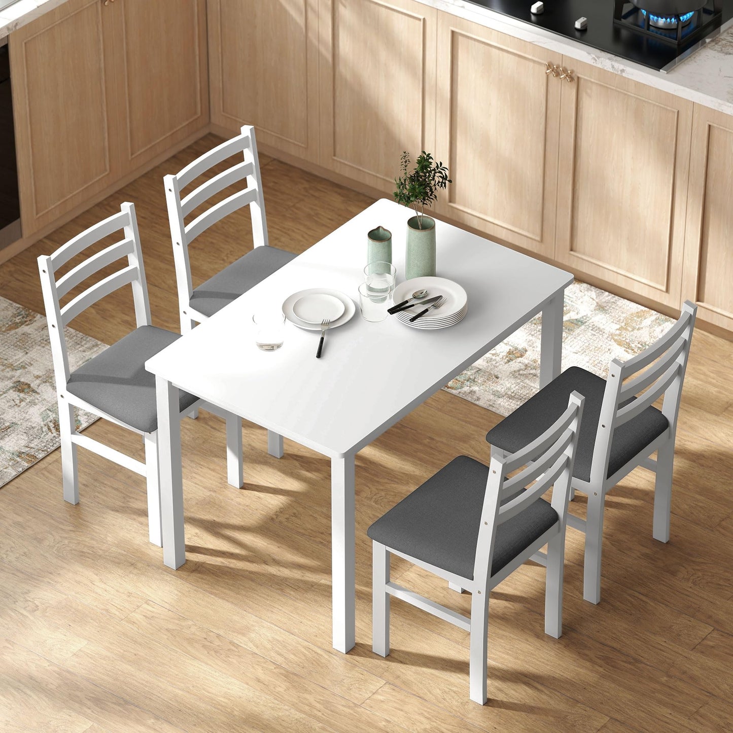 HOMCOM 5-Piece Dining Table Set for 4, Farmhouse Kitchen Table Set with 4 Upholstered Padded Chairs, Solid Wood Legs and Backrest for Small Space, Dining Room, Breakfast Nook, White