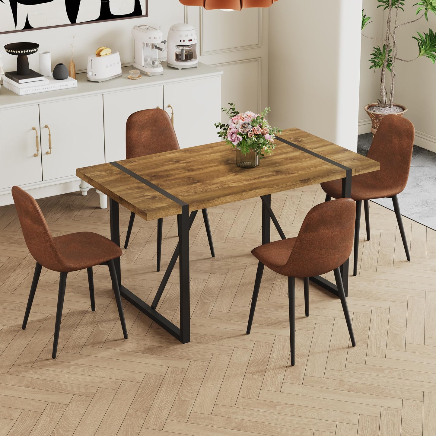 MUUOKY Dining Table Set for 4, Modern 55'' Dark Wood Dining Table and Fabric Dining Chairs Set of 4,Table and Chairs Set of 4,Ideal for Kitchen Dining Room
