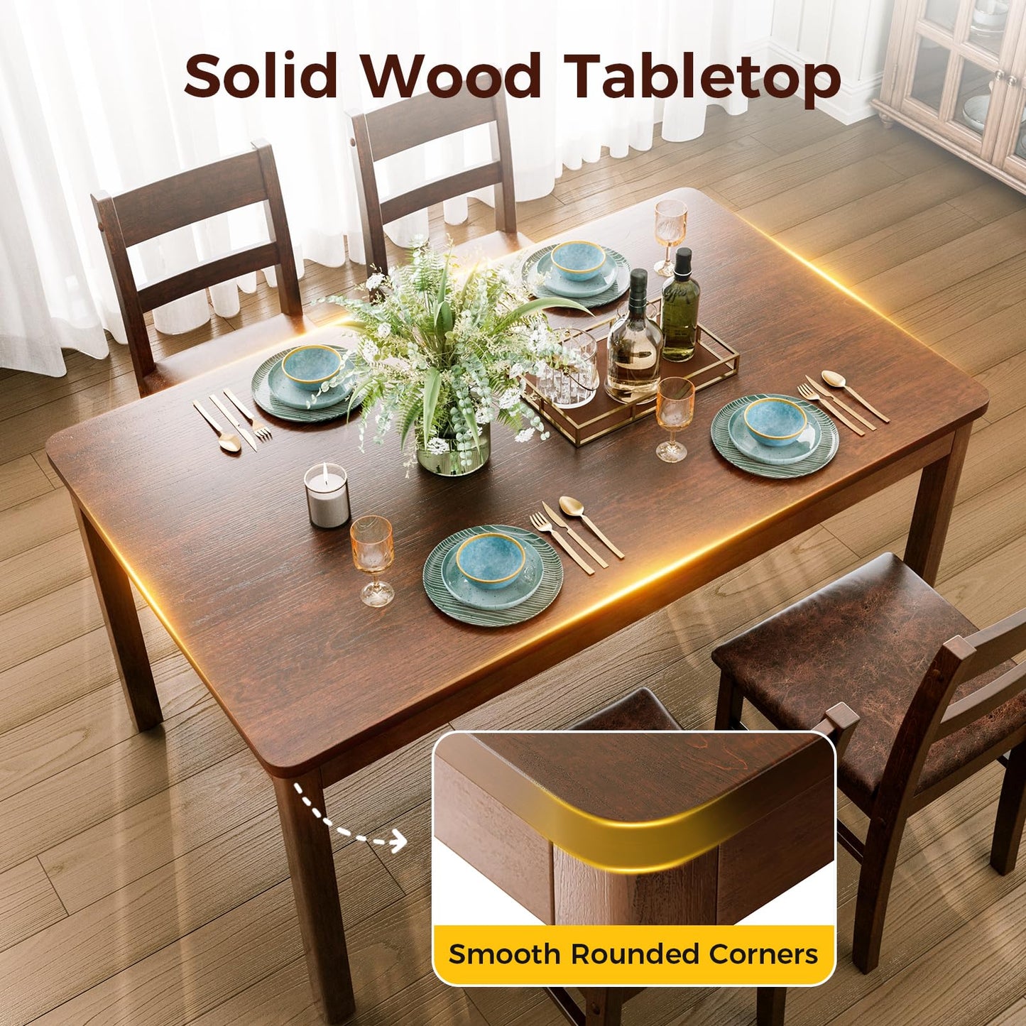 KKL Dining Table Set for 4, 5-Piece Solid Wood Kitchen Table and Upholstered Chairs, Space-Saving Dining Set with Padded Seats, Compact for Apartment, Home, Small Dining Room, Coffee Brown