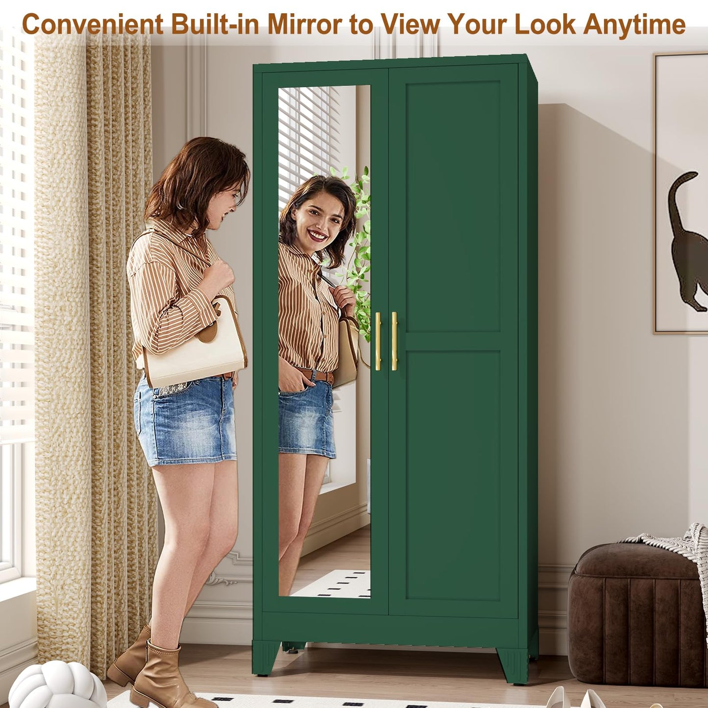 Metal Armoire Wardrobe Closet Storage Cabinet with Mirror, 71'' Wardrobe Cabinet with Hanging Rod Metal Closet with 2 Adjustable Shelves for Bedroom, Laundry Room, Cloak Room