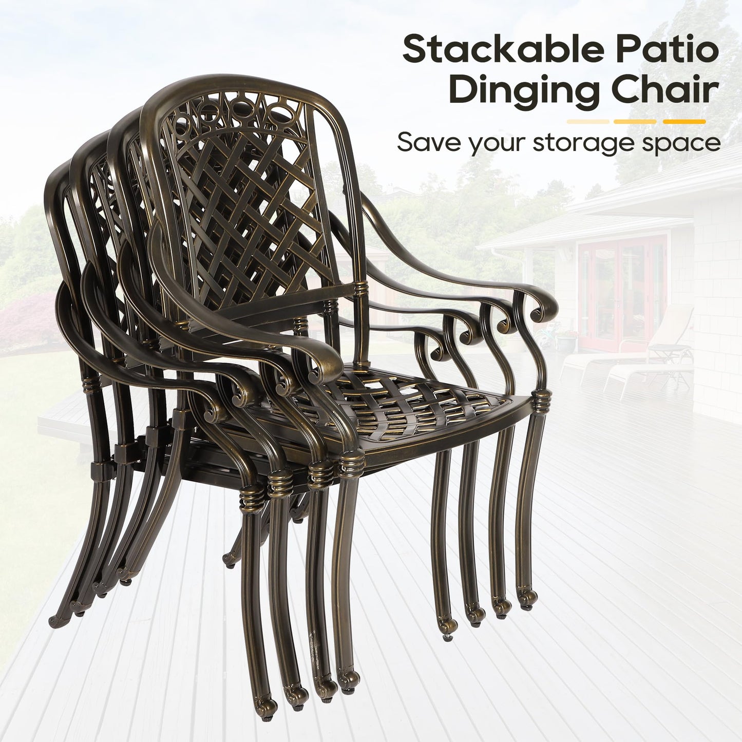 Sumshadow 2-PCS Cast Aluminum Patio Dining Chairs, All Weather Patio Bistro Dining Chairs Set of 2 with Armrests & Cushion, Stackable Patio Dining Chairs for Garden, Balcony, Deck, Bronze