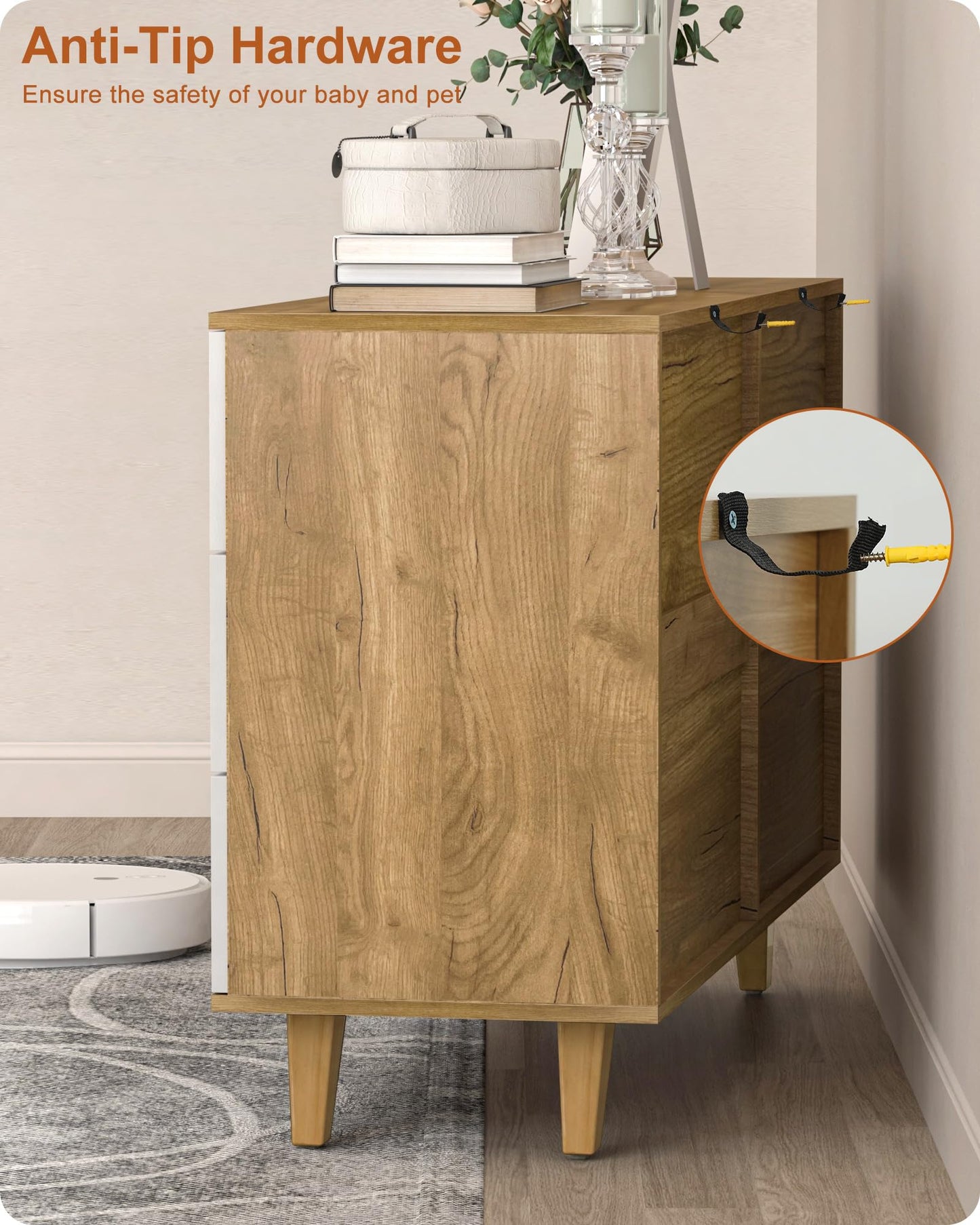 ALINE FURNITURE 6 Drawer Dresser, 48" Wide White Dresser Chest, Solid Pine Wood Dressers for Bedroom