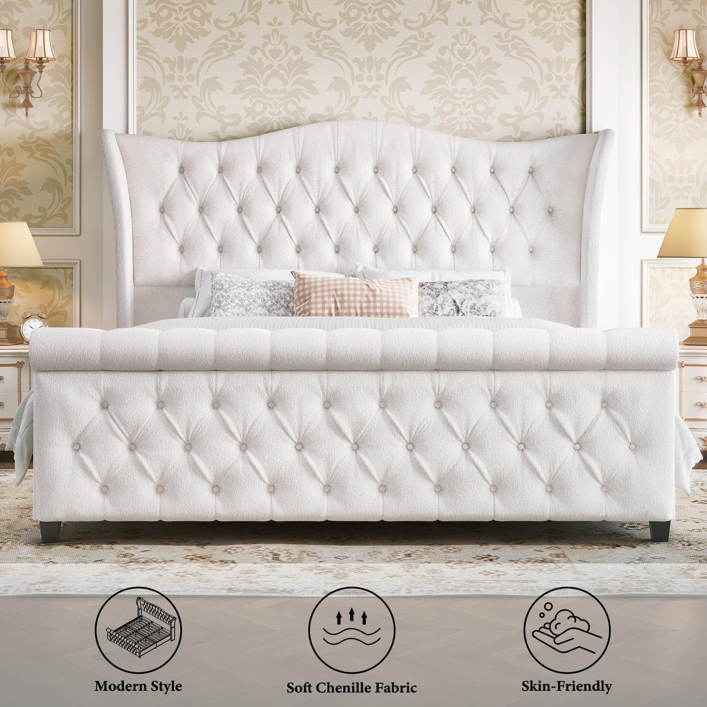 koorlian King Size Chenille Upholstered Bed Frame, Sleigh Platform Bed Frames with 51" Tall Wingback Headboard & 27" Scroll Footboard, Button Tufted/No Box Spring Required/Wood Slats Support/Cream