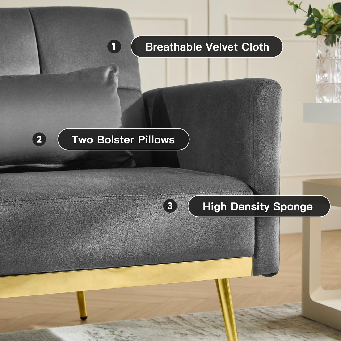 DIFY 70'' Velvet Futon Sofa Bed, Convertible Sleeper Sofa Tufted Couch with Adjustable Armrests and Backrest, Modern Loveseat Sleeper Bed with 2 Bolster Pillows for Living Room, Grey