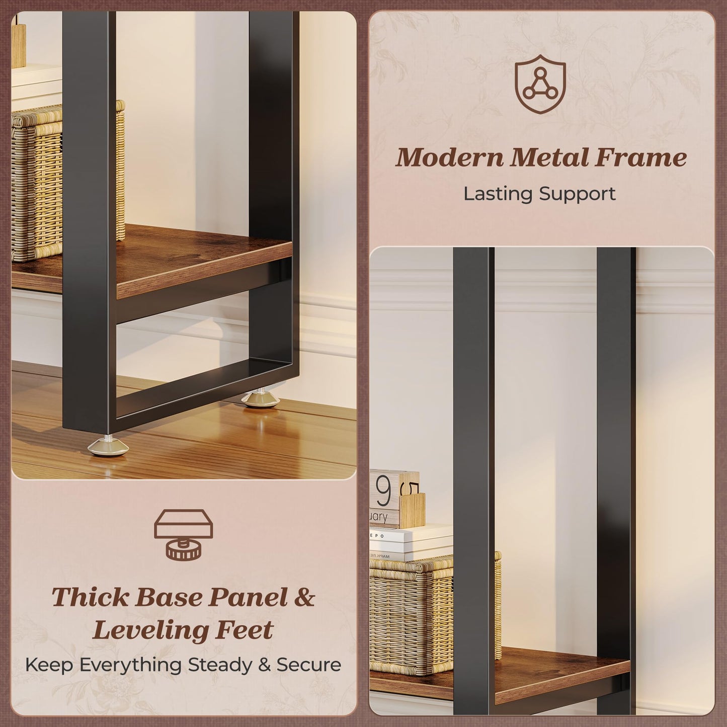 Huuger 47.2 Inch Entryway Table, 2-Tier Industrial Console Sofa Table, Accent Table with Storage, for Entry, Hallway, Entrance, Foyer, T-Shaped Metal Frame, Rustic Brown