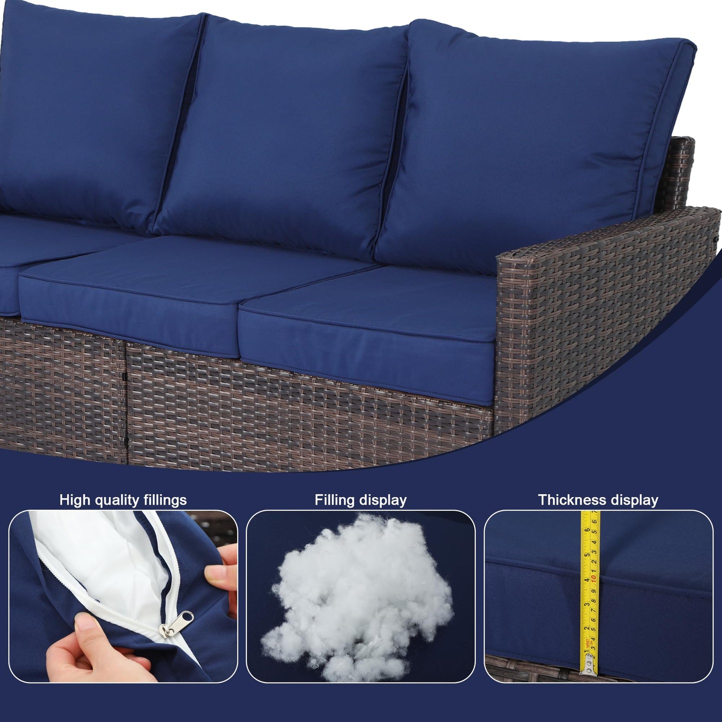 EortheX Outdoor Patio Sofa, 3-Seat Rattan Wicker Couch for Garden Deck or Porch, Comfortable All-Weather Patio Furniture with Anti-Slip Cushions (Blue)